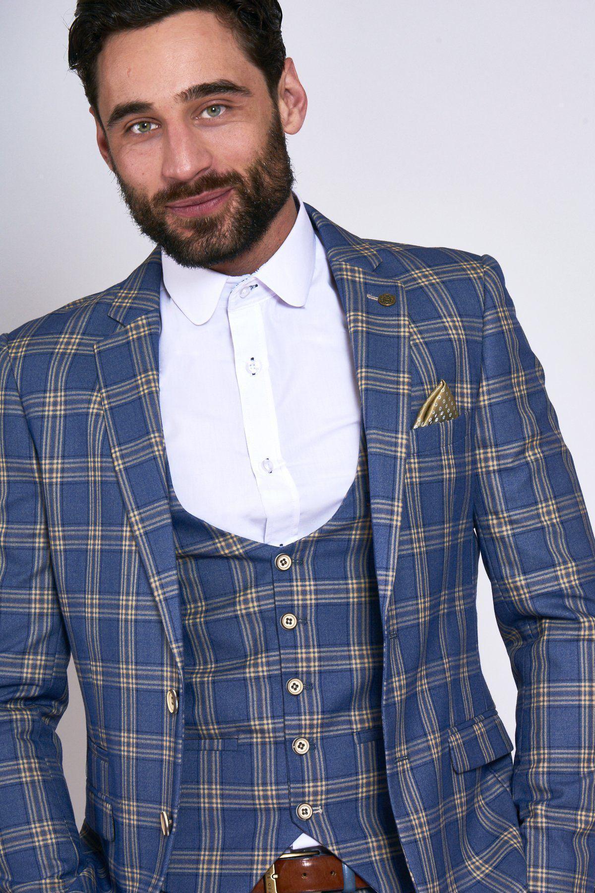 TONY Blue and Yellow Checkered Suit with Single Breasted Waistcoat - Perfect for Weddings, Business Meetings & Formal Events