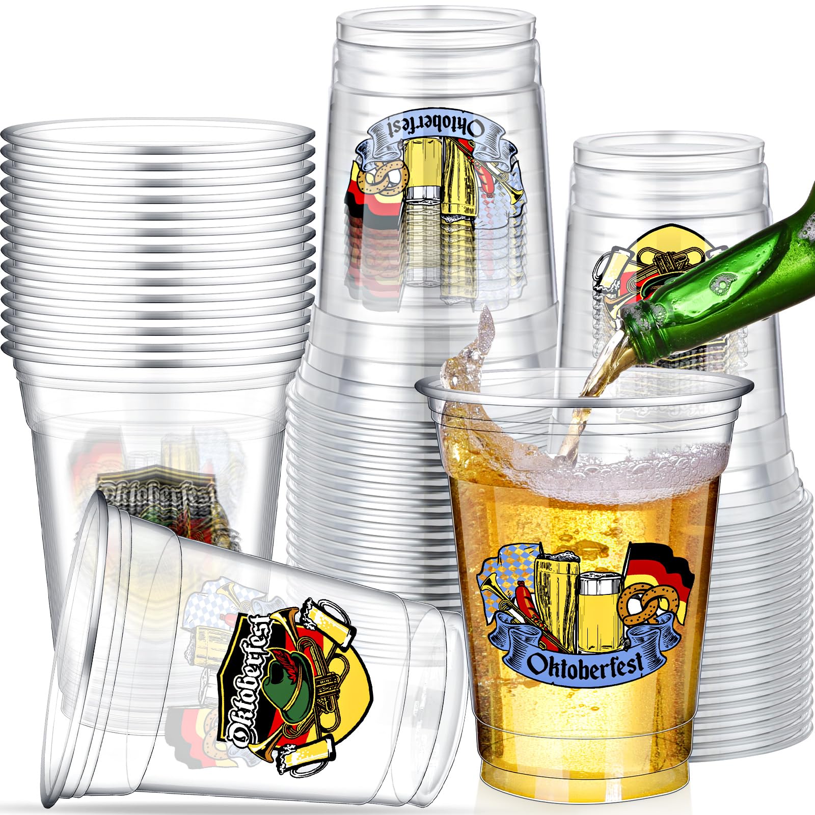 Bokon 100-Pack 16oz Oktoberfest Plastic Beer Cups - Thick Clear Disposable Bavarian Themed Party Cups for Oktoberfest, German Pretzel Beer, Festival Decorations & Party Supplies - Perfect for Oktoberfest Celebrations, Beer Tasting Events & Themed Parties