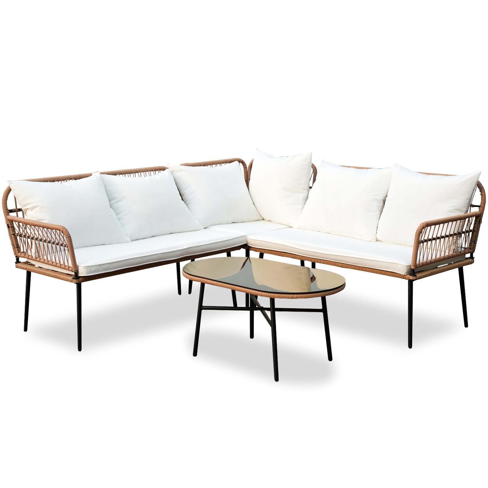 Homsido 4-Piece Boho Patio Sectional Furniture Set - Water-Resistant PE Wicker Sofa Chairs with Rectangular Side Table & White Cushions for Outdoor/Indoor Use - Perfect for Garden, Poolside, and Living Room Conversations