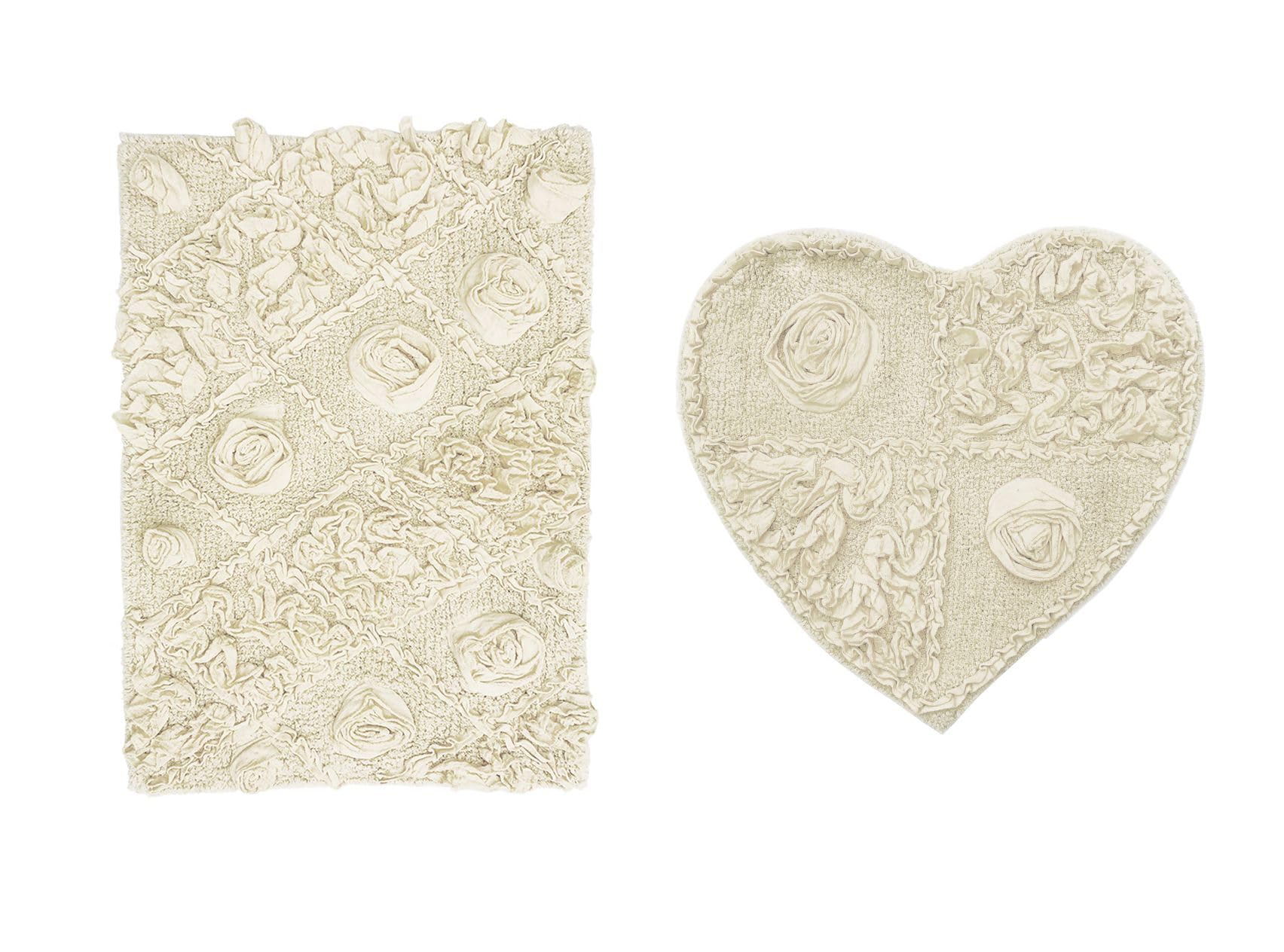 Home Weavers Modesto 100% Cotton Bath Rug Set - Ultra Soft & Absorbent Washable Bathroom Mats, Non-Slip Kitchen Floor Mat (2-Piece Set with Heart Design, Ivory) - Perfect for Bathroom Safety & Cozy Home Decor