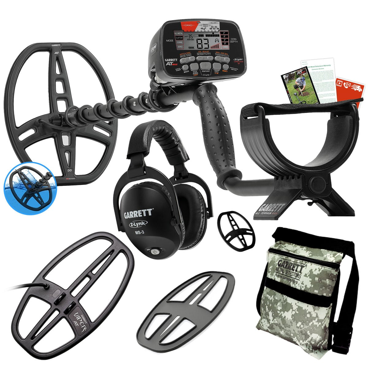 Garrett AT MAX Waterproof Metal Detector with Viper Coil - Professional Metal Detecting Equipment for Treasure Hunting, Beach & Underwater Search - Includes Coil Cover & Camo Diggers Pouch