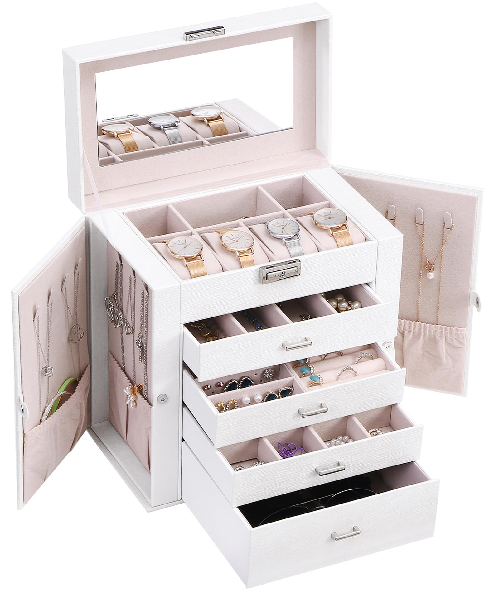 ANWBROAD Large Jewelry Box Organizer for Women & Girls - Sturdy Jewelry Storage Case with Drawers, Mirror & Lock (UJJB003W) - Perfect for Bedroom Vanity, Travel & Gift Giving