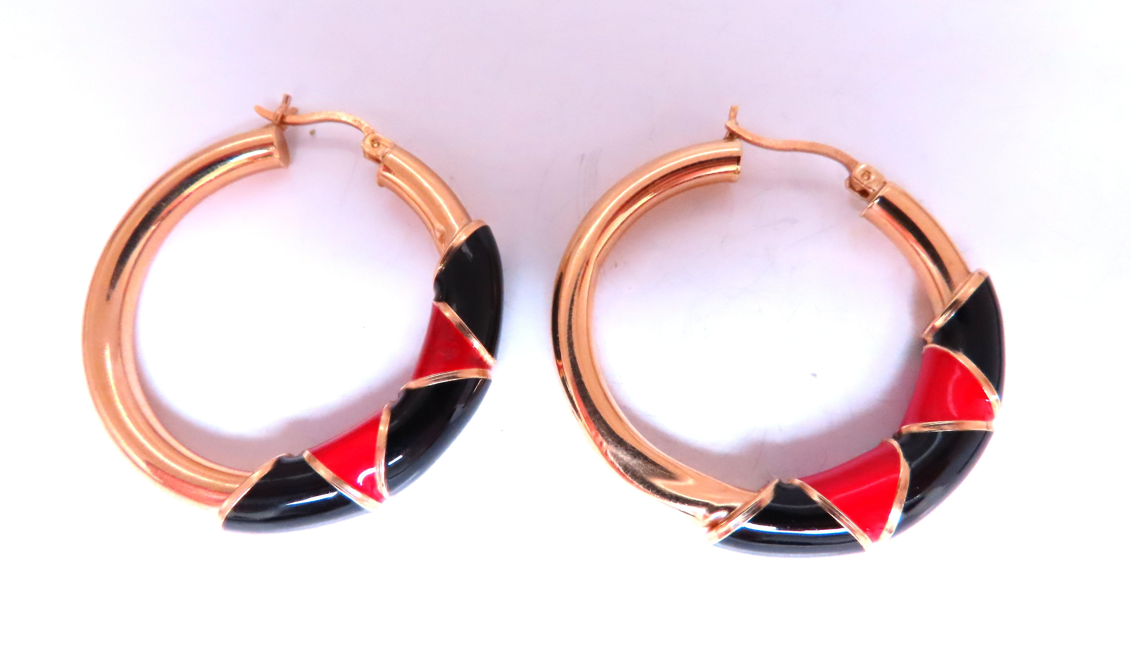 14K Yellow Gold Red & Black Enamel Tubular Hoop Earrings – Elegant Dangle Earrings for Women, Perfect for Parties, Weddings & Everyday Wear