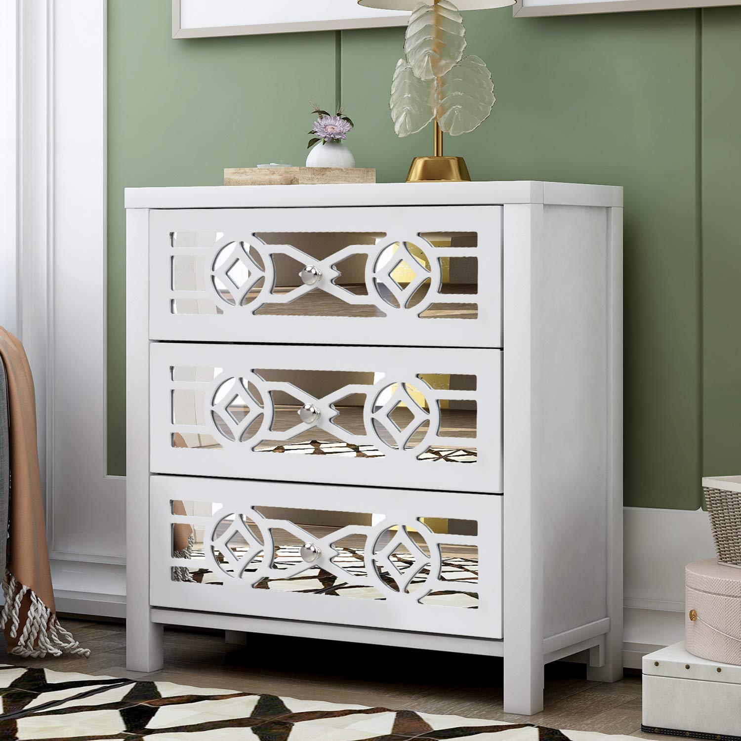 Vintage Wooden Storage Cabinet with 3 Drawers & Mirror - Antique White Retro Chest for Bedroom, Living Room & Entryway - Perfect for Organizing Blankets, Toys & Home Decor Accessories