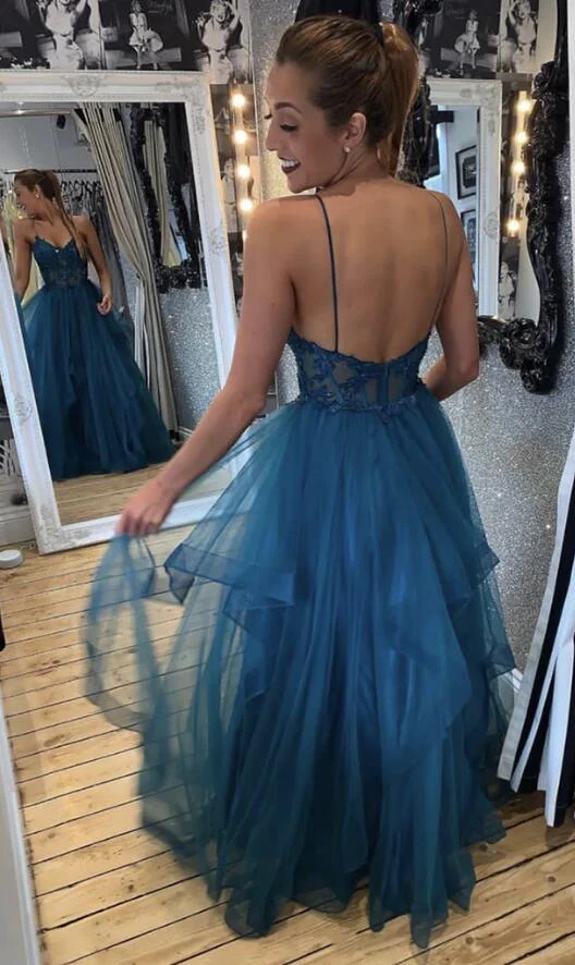 Elegant Blue Tulle Lace Long Prom Dress for Women - Formal Evening Gown J4493 | Perfect for Homecoming, Wedding Guest, and Special Occasions