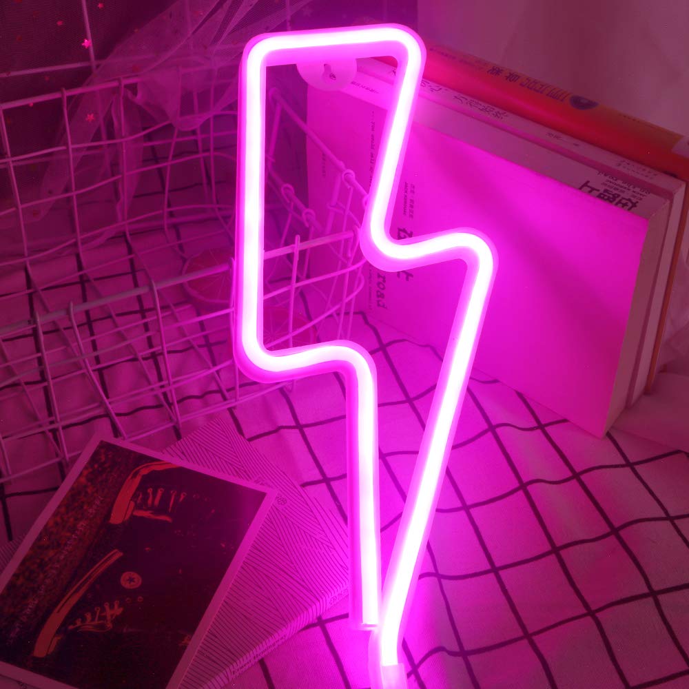 LED Lightning Bolt Neon Sign - USB/Battery Powered Pink Neon Light for Room Decor, Girls Kids Bedroom, Birthday Wedding Christmas Party | Wall Art, Night Light, TikTok Background, Gaming Room Aesthetic