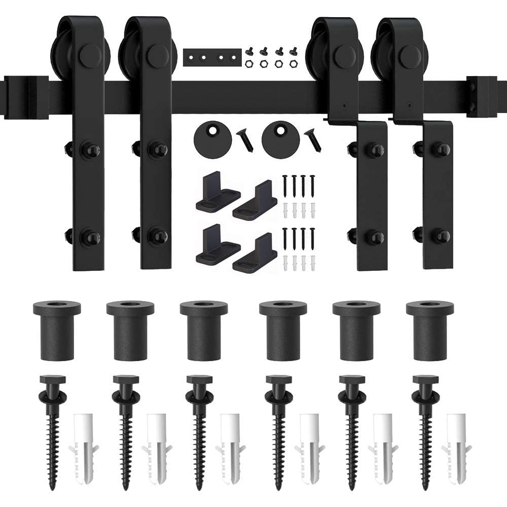 WINSOON 7.5FT Single Rail Bypass Barn Door Hardware Kit - Heavy Duty Sliding Track System with Antique Rollers for Double Doors - Perfect for Cabinet, Closet, Bedroom and Home Office Installation