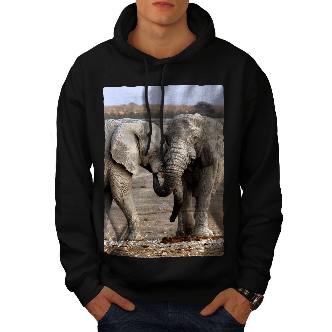 Wellcoda Men's Elephant Love Wild Hoodie - Soft Cotton Muddy Hooded Sweatshirt for Casual Wear, Street Style & Outdoor Adventures