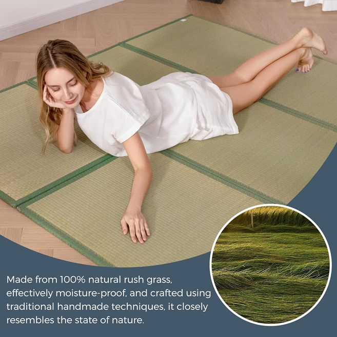 MAXYOYO Japanese Tatami Mat - 100% Natural Rush Grass, Portable & Foldable Futon Mattress for Floor Sleeping | Traditional Firm Floor Bed | Perfect for Meditation, Yoga, Guest Room & Small Space Living