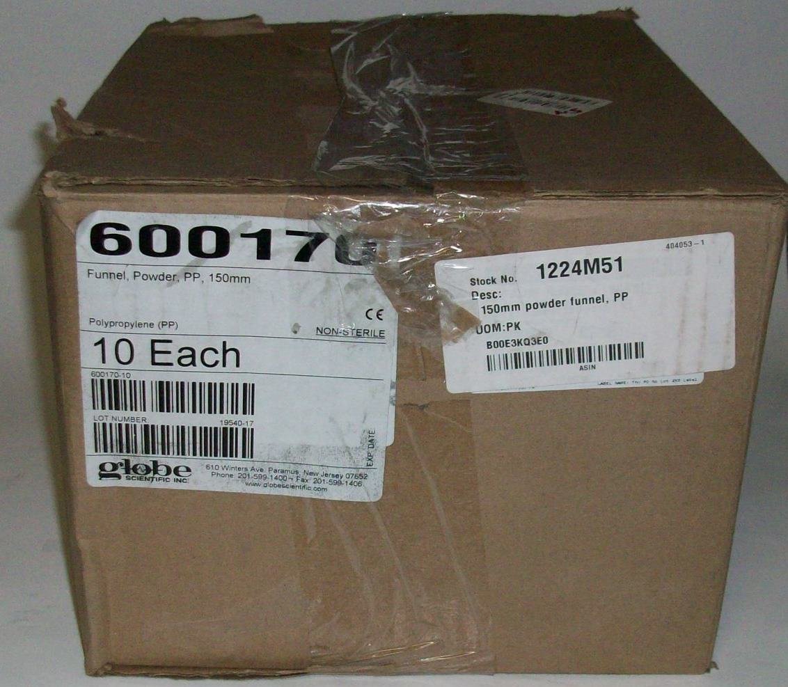 Globe Scientific 600170 Polypropylene Powder Funnel - 150mm Top Diameter, Pack of 10 - Ideal for Lab, Pharmacy & Chemical Transfer - Durable & Chemical-Resistant