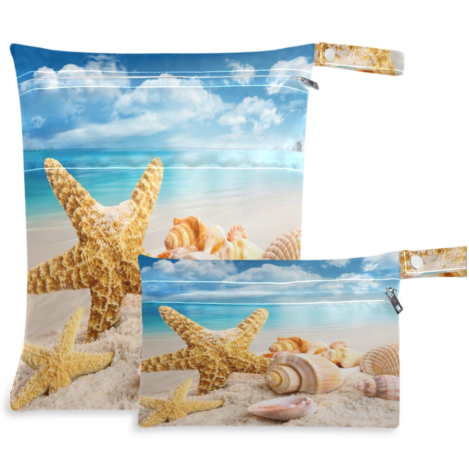 2Pcs Waterproof Wet Bags with Zipper Pockets - Reusable Washable Starfish Shell Design Diaper Bag for Travel, Beach, Pool | Perfect for Daycare, Stroller, Gym Clothes, Swimsuits & Toiletries Organization