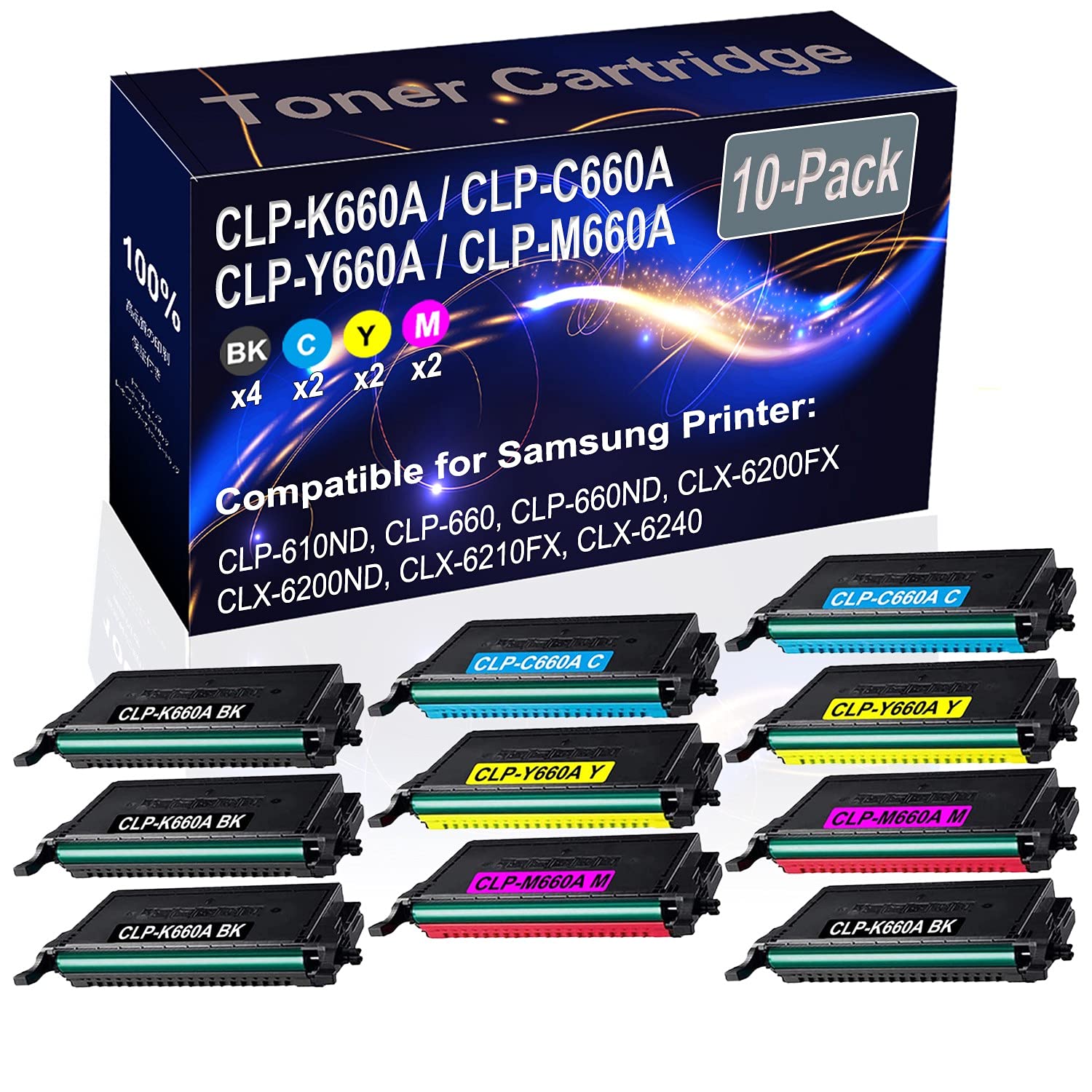 10-Pack (4BK+2C+2Y+2M) High Capacity Compatible CLP-610ND CLP-660 Laser Printer Toner Cartridge - Replacement for Samsung CLP-K660A CLP-C660A CLP-Y660A CLP-M660A - Perfect for Office & Home Printing Needs