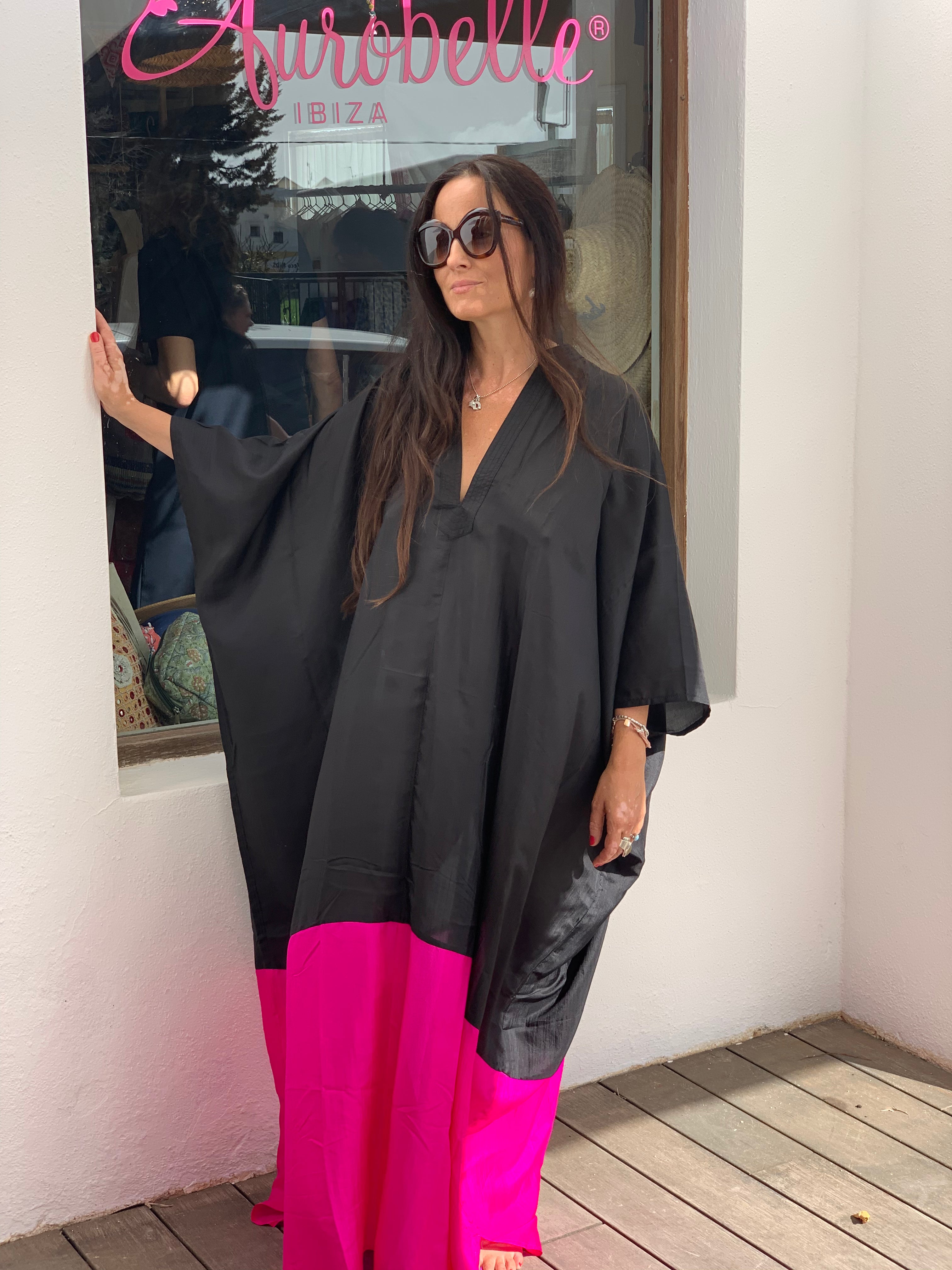 Luxury Silk Kaftan Dress for Women - Black & Pink Medium Length Elegant Loungewear for Home, Beach, and Special Occasions