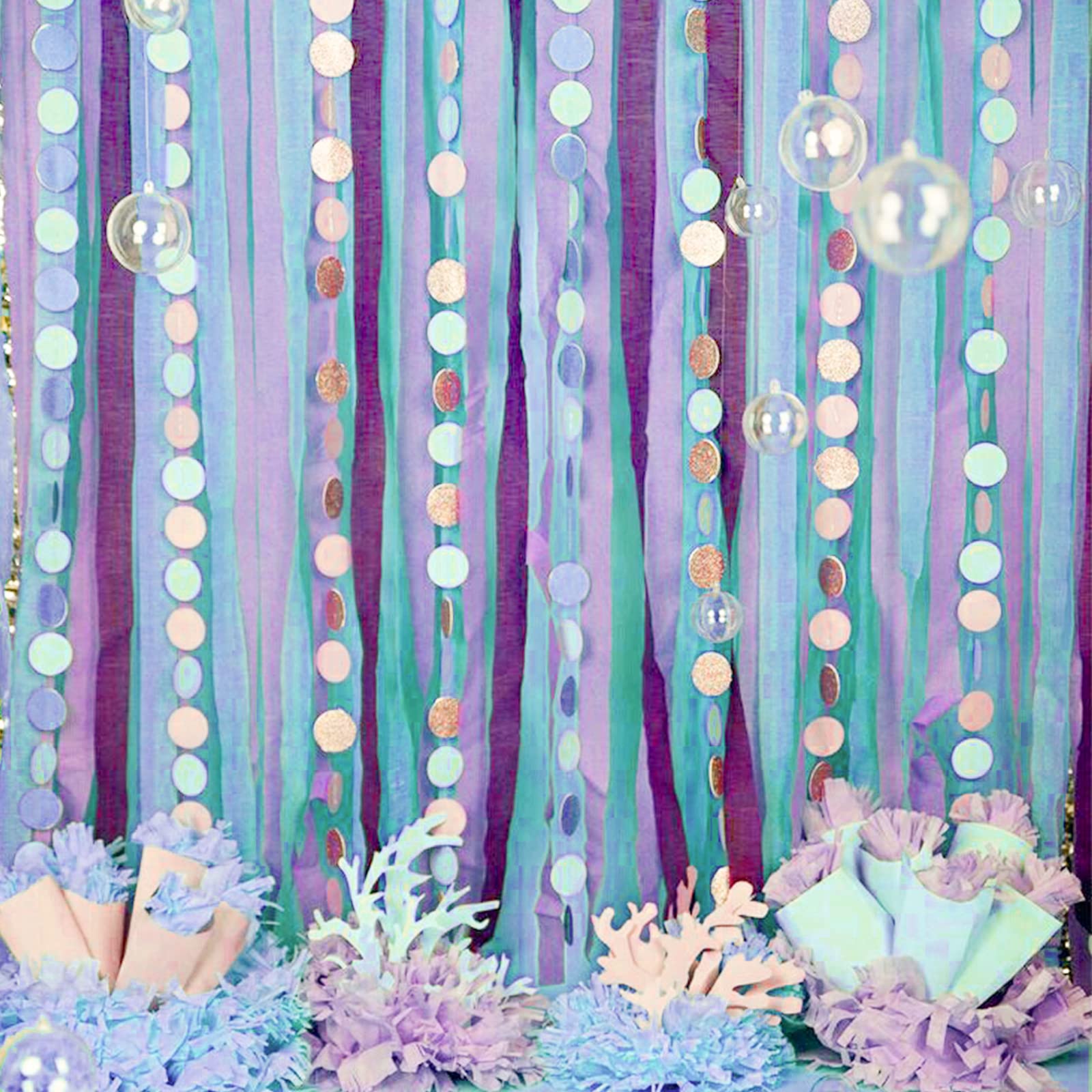 PartyWoo Crepe Paper Streamers - 6 Rolls (492ft) Peach, Purple, Light Pink & Pastel Blue Mermaid Party Decorations for Birthday, Baby Shower & Wedding Decor (1.8