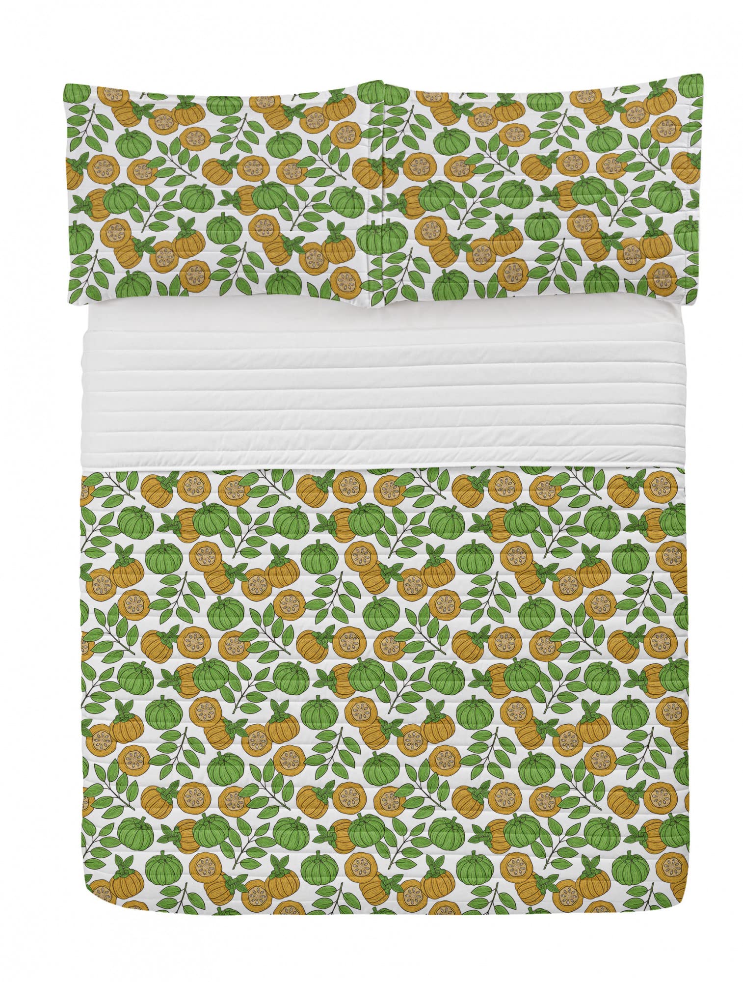 Ambesonne Fruits Microfiber Bedspread Set - Queen Size Soft Bedding with Pillow Shams & Comforter in Pale Coffee Green and White | Exotic Garcinia Eco Motif | Perfect for Bedroom Decor, Guest Rooms, and Cozy Home Styling