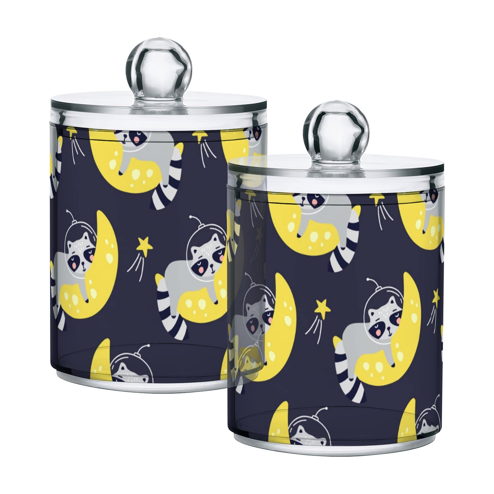 Grey Raccoon Astronauts on Yellow Crescent Moon Plastic Storage Jars with Lids - Set of 2 (10oz) | Translucent Food Containers for Tea, Cookies, Cotton Swabs | Perfect for Kitchen Pantry Organization & Home Decor