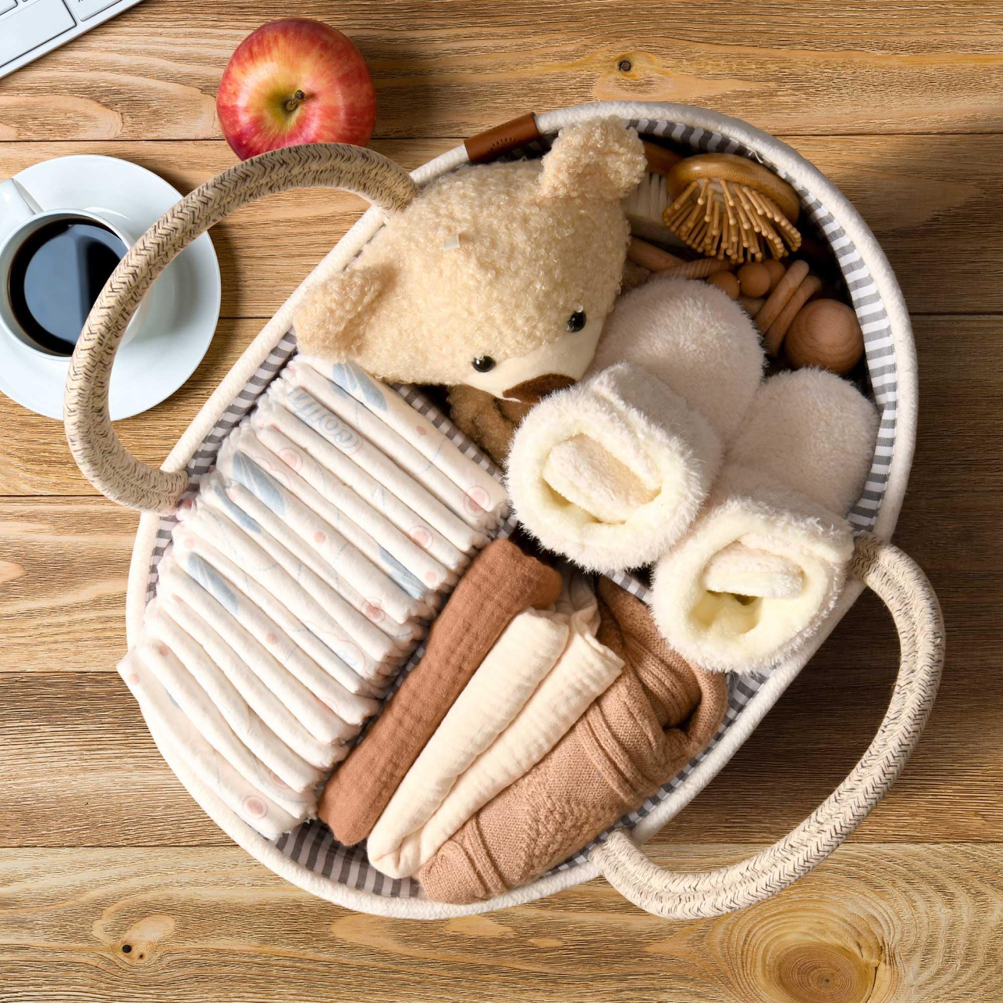 J&JOO Baby Changing Basket - Portable Diaper Caddy Organizer with Soft Cotton Rope & Changing Pad | Nursery Dresser Topper, Baby Shower Gift | Perfect for Home Nursery, Travel & On-the-Go Diaper Changes
