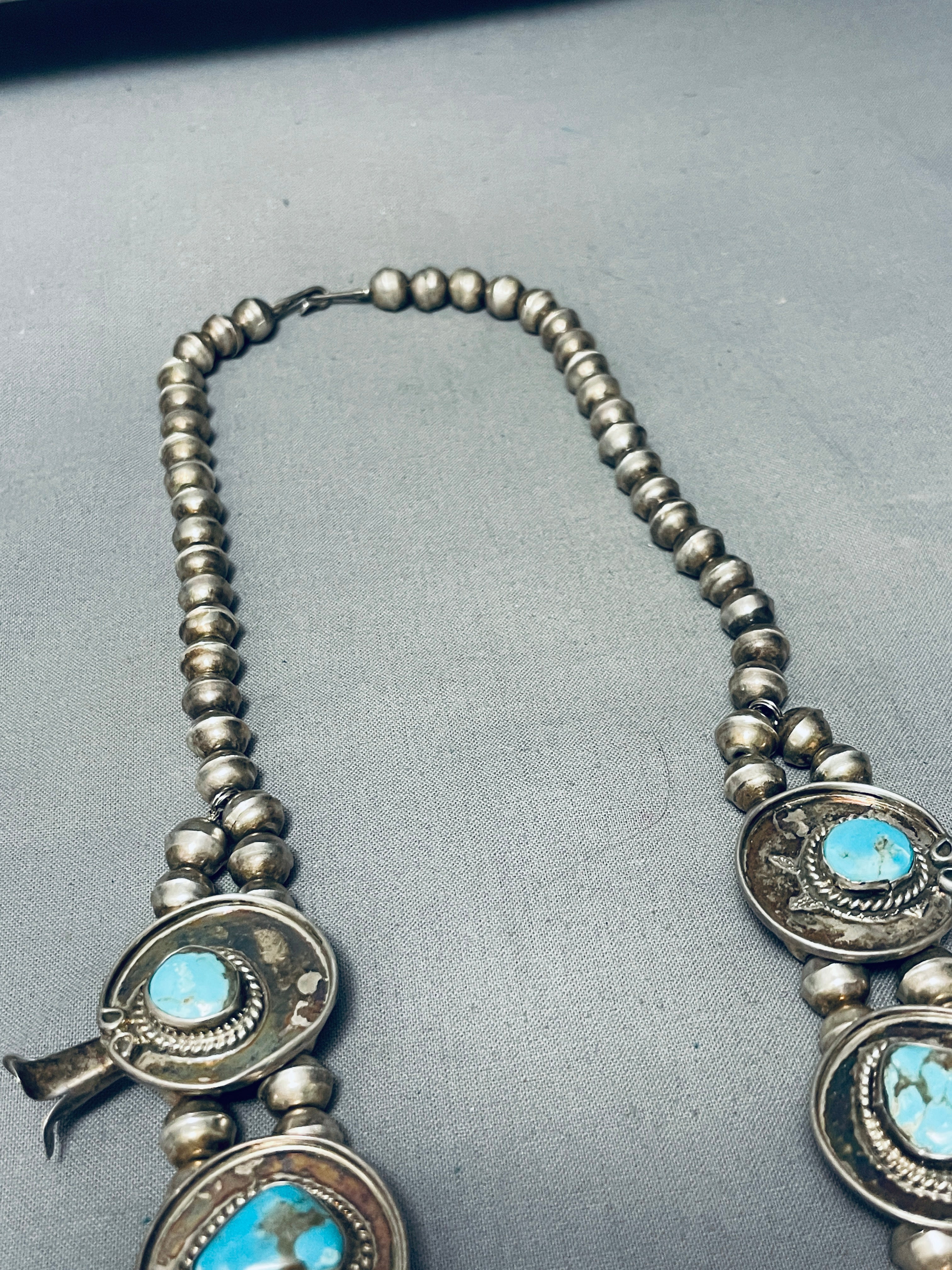 Authentic Vintage Navajo Sterling Silver Squash Blossom Necklace with Turquoise - 200g Handmade Native American Jewelry for Women - Perfect for Boho Fashion, Weddings & Special Occasions