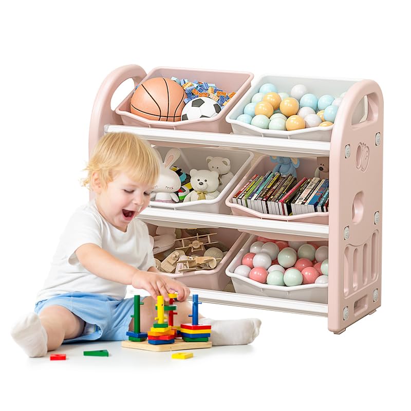 Pink Toy Storage Organizer with 6 Bins - Kids Bookshelf & Playroom Cabinet - Multifunctional Living Room Storage Solution for Toys, Books & Home Organization
