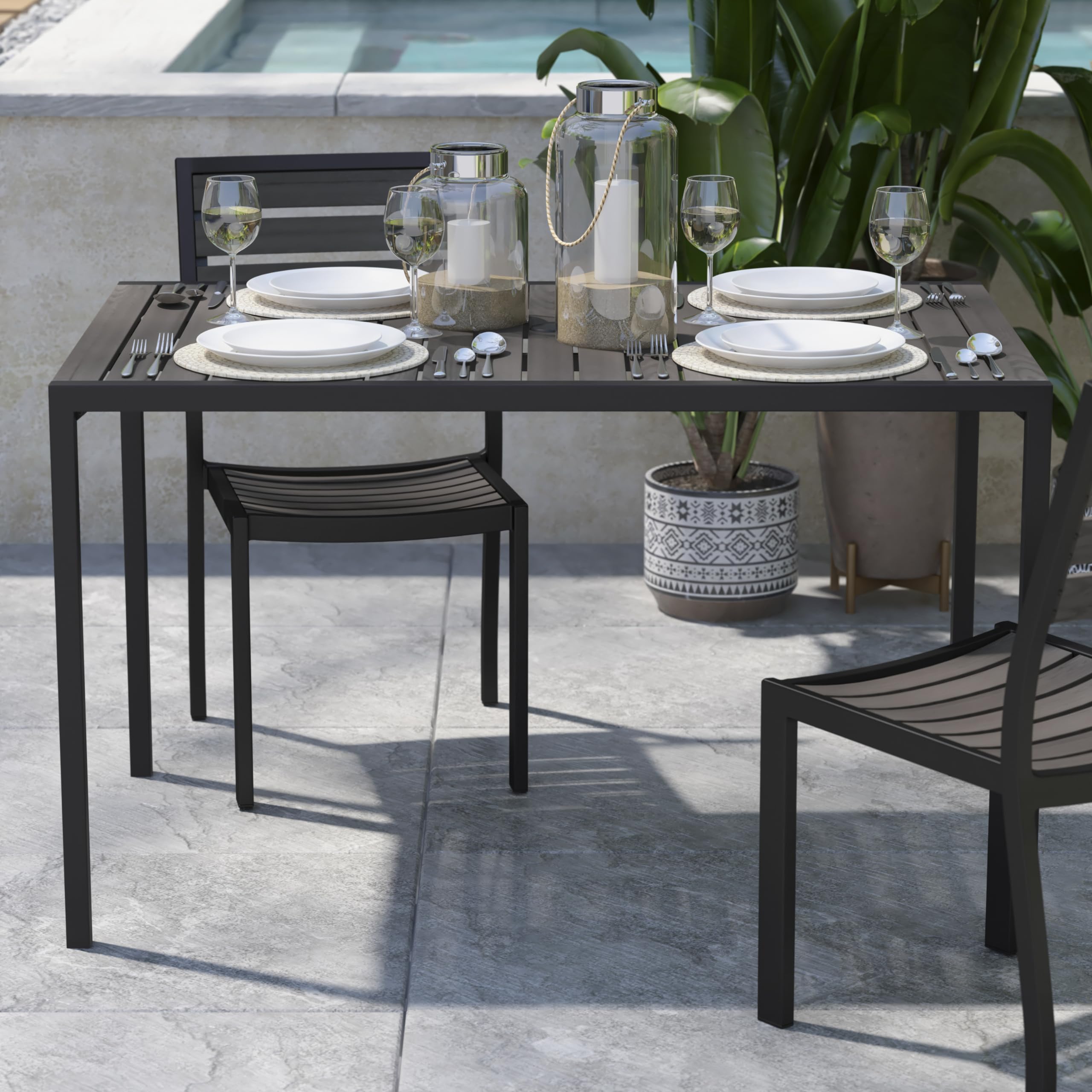 Flash Furniture Lark Commercial Outdoor Steel Dining Table with Umbrella Hole - Gray Wash Faux Teak Poly Slatted Top - Black Frame - 30x48 Inch - Seats 4 Adults - Perfect for Patio, Backyard, Restaurant Outdoor Dining