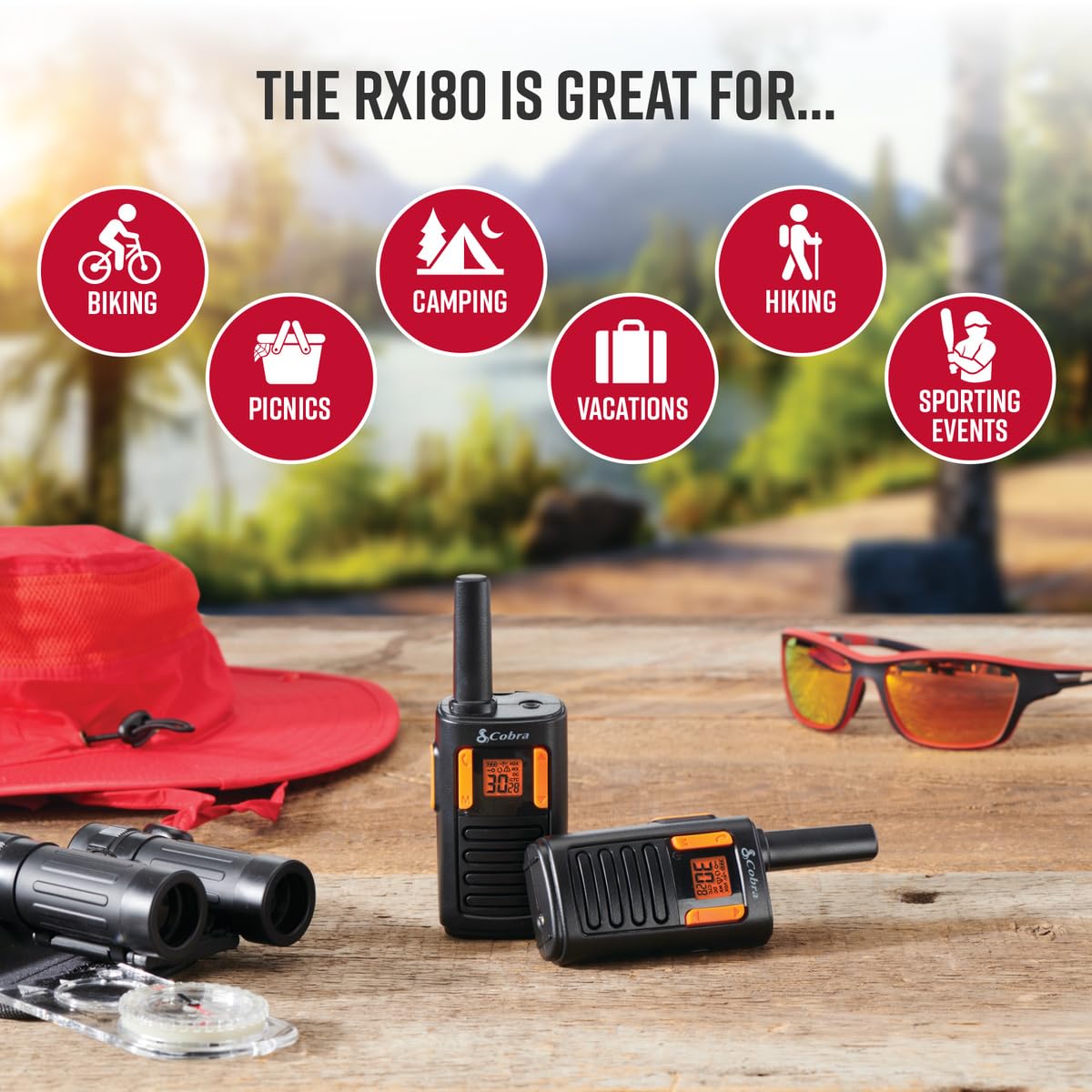 Cobra RX180 Walkie Talkies 2-Pack - 18-Mile Long Range Two-Way Radios with 22 Channels, NOAA Weather Alerts & Voice Activation - Compact Orange/Black Walkie Talkies for Hiking, Camping, and Outdoor Adventures