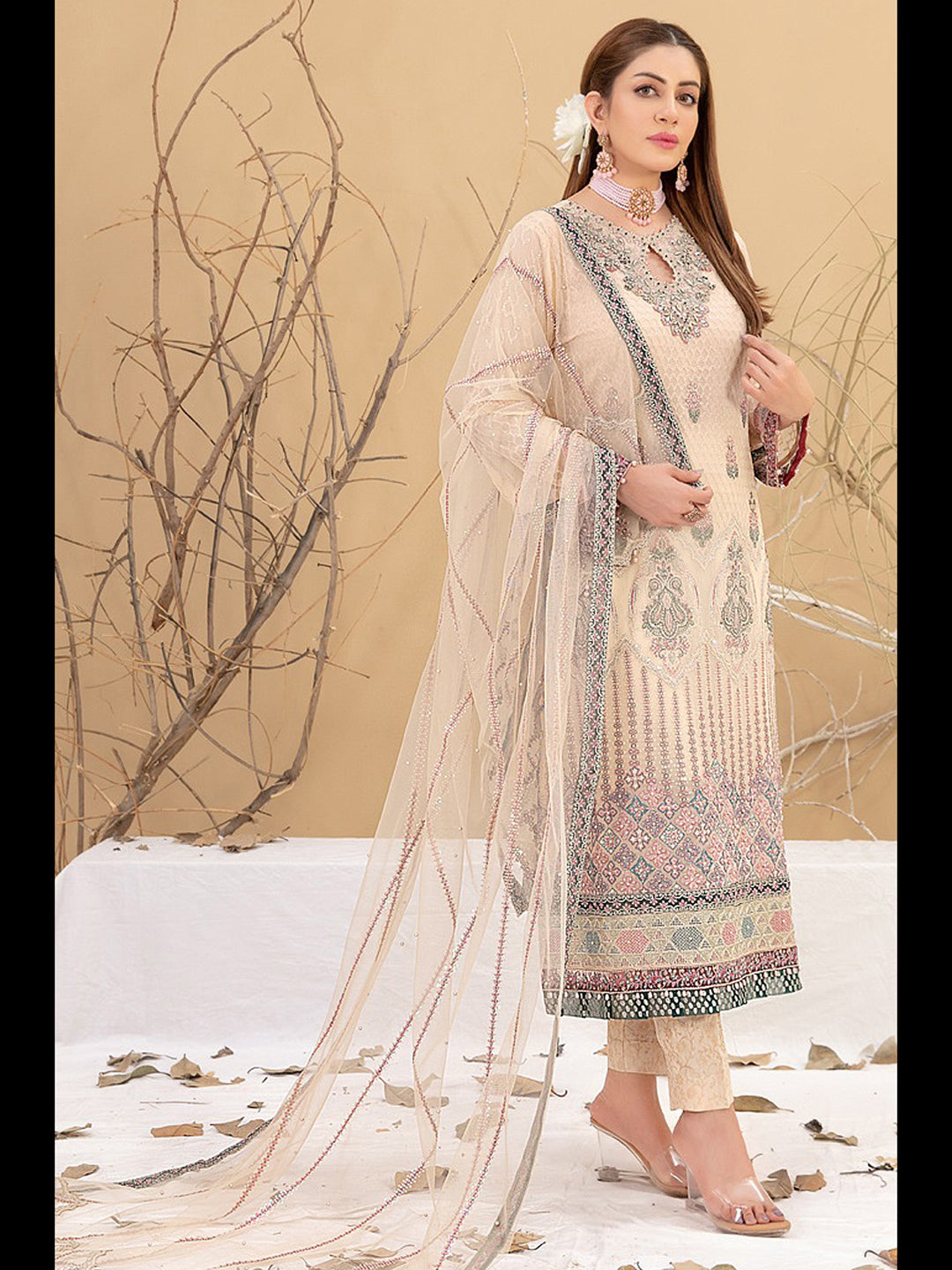Elegant Cream Georgette Pant Suit with Exquisite Embroidery - Perfect for Weddings, Parties & Formal Events
