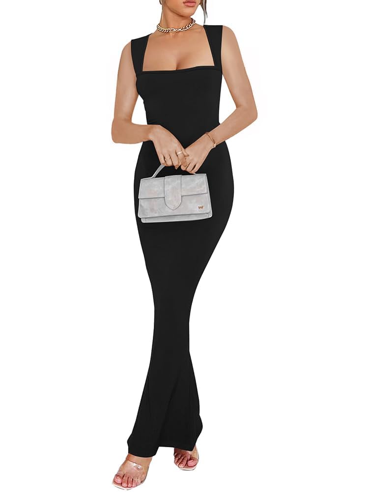 Oten Women's Bodycon Maxi Dress 2025 - Sleeveless Square Neck Ribbed Fitted Long Dress for Summer | Semi-Formal & Lounge Wear | Perfect for Cocktail Parties, Date Nights & Evening Events