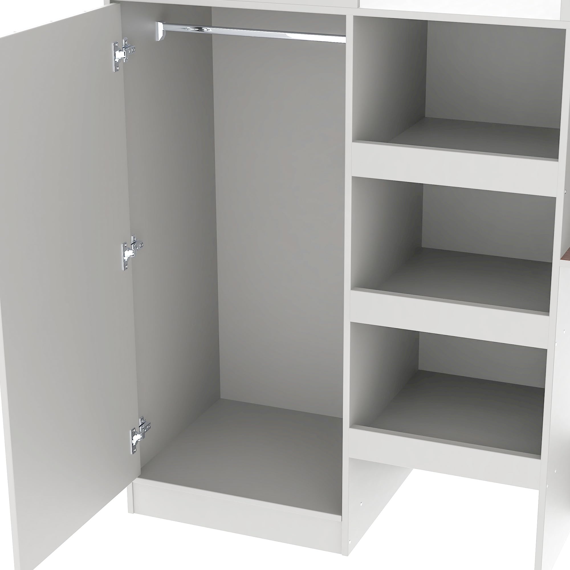 Full Size Loft Bed with Built-in Wardrobe & Desk - Sturdy Wooden Bed Frame with Storage Shelves & Drawers - Space Saving Kids Bedroom Furniture for Boys, Girls & Teens - Easy Assembly - Grey - Perfect for Small Rooms, Dormitories & Shared Spaces