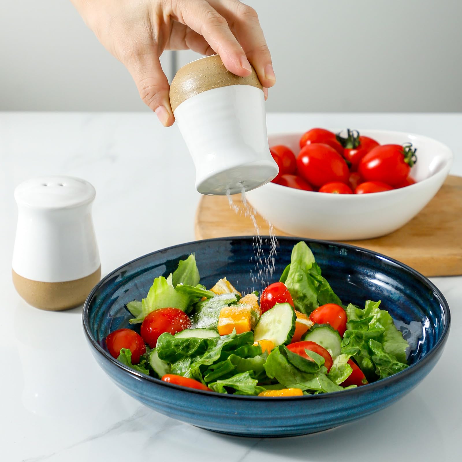 Premium Ceramic Salt and Pepper Shakers Set - Farmhouse Style White Kitchen Spice Shakers with Refillable Lids - Perfect for Dining Table, Kitchen Counter, and Farmhouse Home Decor