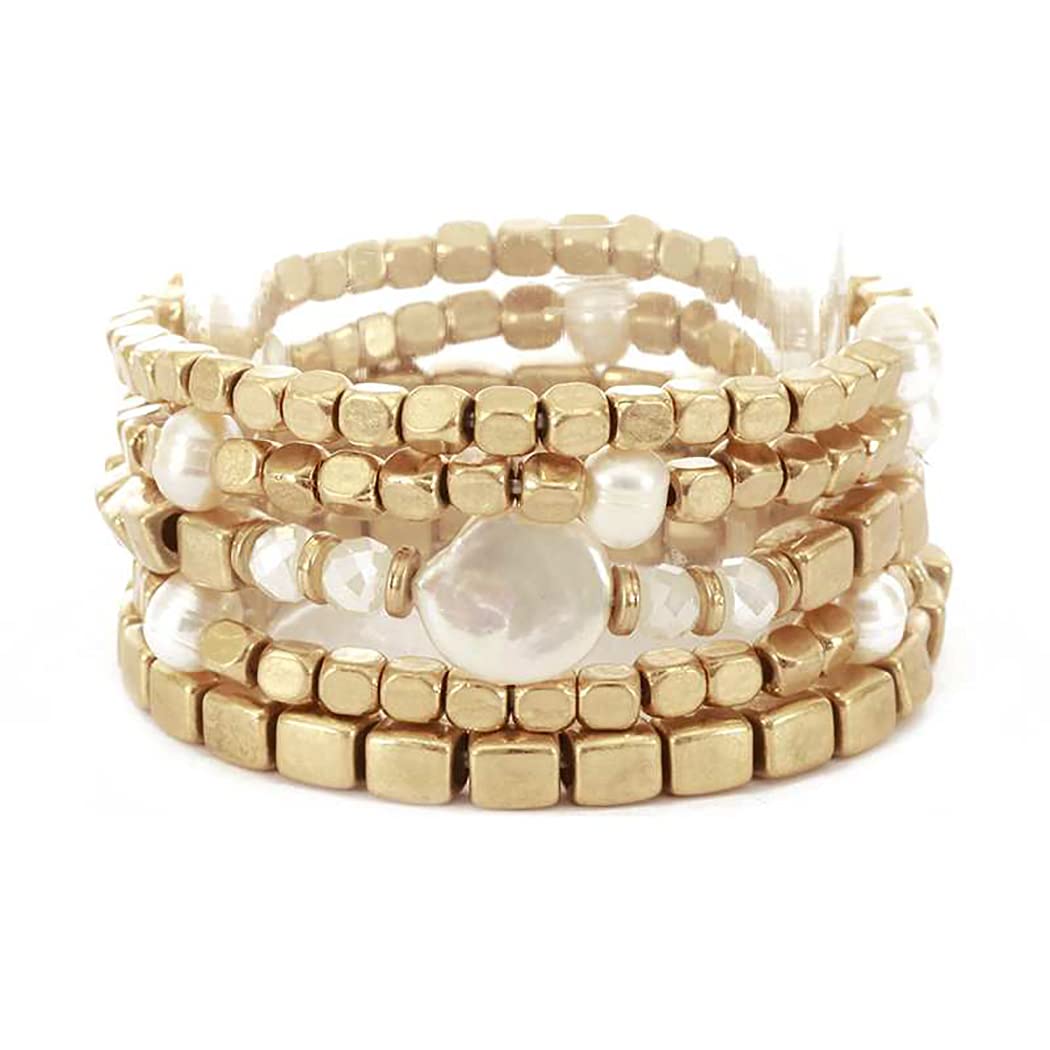 Rosemarie & Jubalee Women's 5-Pack Matte Gold Chunky Nugget Freshwater Pearl Beaded Stretch Bracelets Set - 6.5 Inch Adjustable Stackable Boho Jewelry for Casual Wear, Gift Giving & Special Occasions