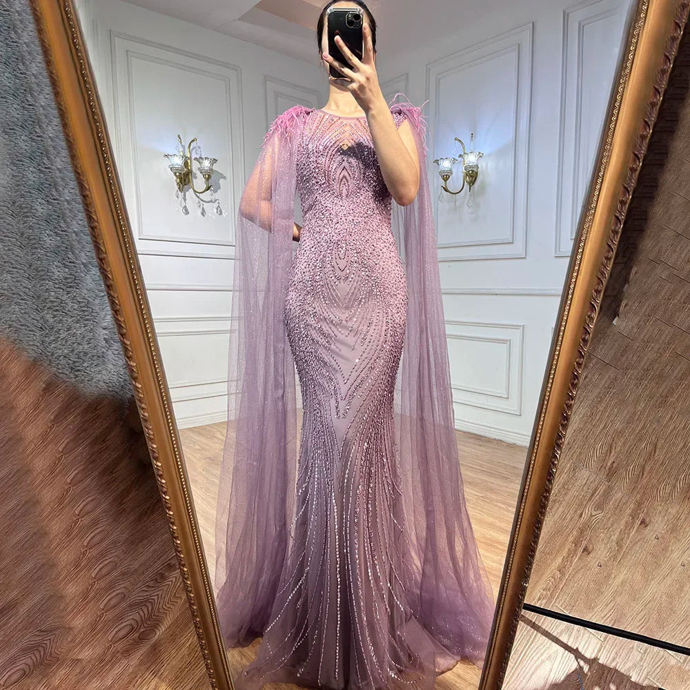 Serene Hill Pink Mermaid Evening Gown with Elegant Cape Sleeves - 2025 Luxury Feather & Beaded Prom Dress for Women - Perfect for Formal Parties, Galas & Special Occasions