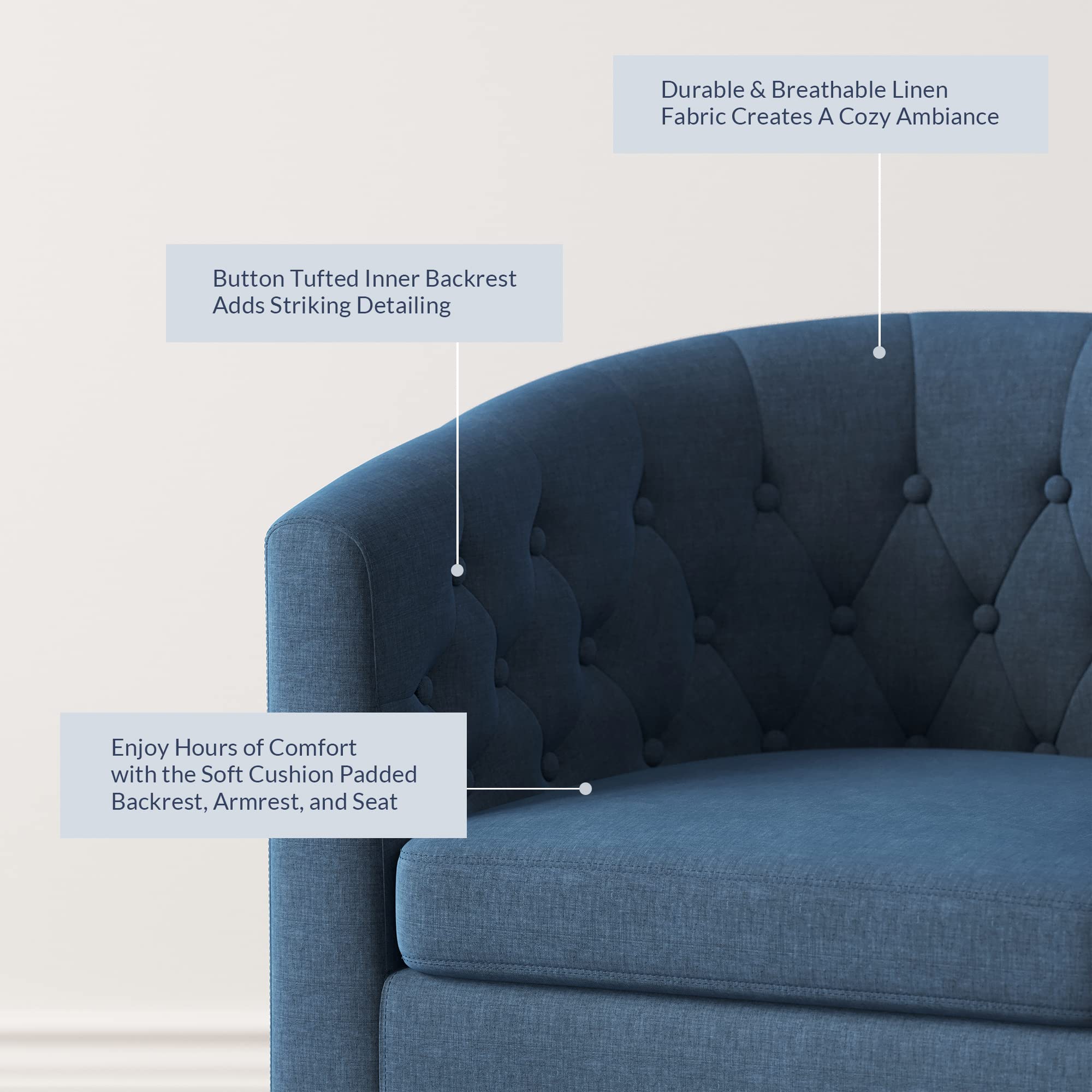 BELLEZE Navy Blue Accent Chair - Elegant Tufted Upholstered Barrel Club Chair with Sturdy Legs & Linen Fabric for Living Room & Bedroom | Perfect for Reading Nooks, Home Office & Lounge Areas (Berlinda Collection)