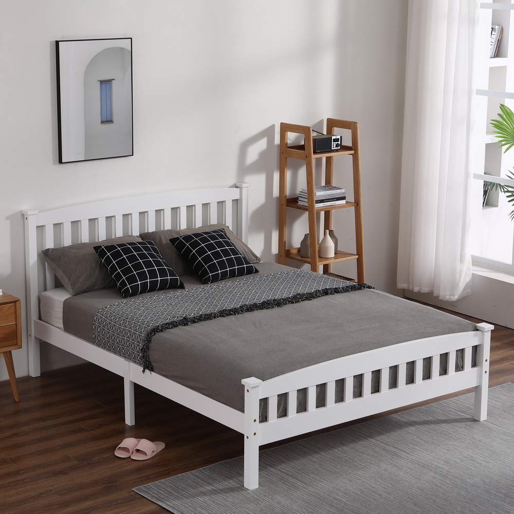 Kcelarec Solid Wood Platform Bed with Paneled Headboard - Queen Size Bed Frame in White | Modern Minimalist Bedroom Furniture for Small Spaces & Guest Rooms