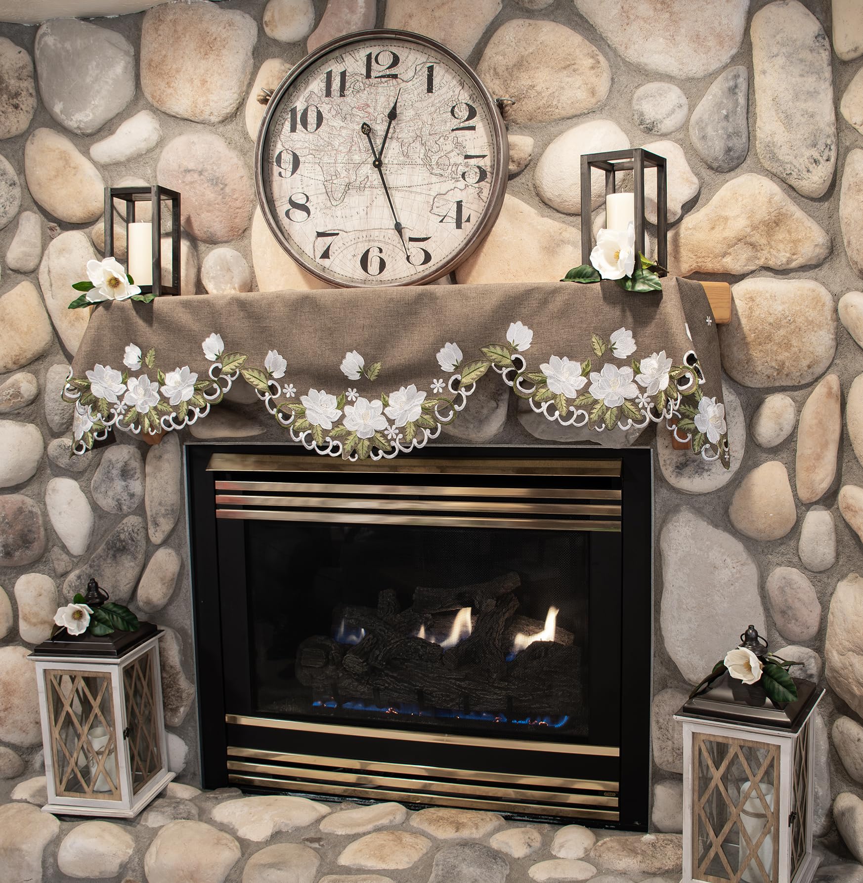 Elegant White Magnolia Floral & Green Leaves Embroidered Cutwork Edge Brown Polyester Linen Mantel Scarf - Fireplace Mantel Decor, Large Window Valance (18.5