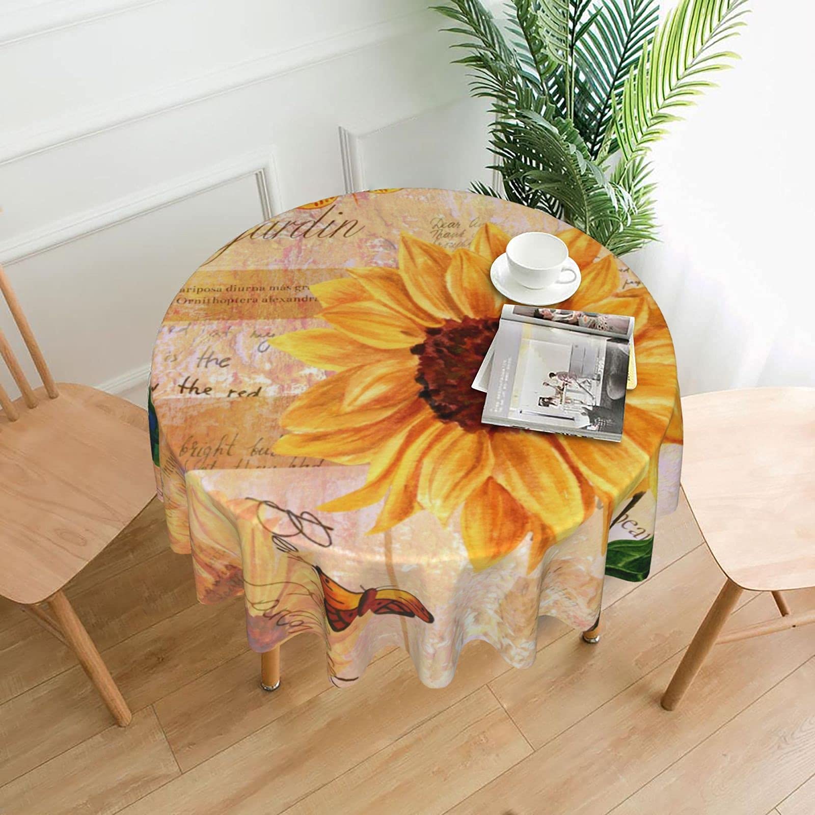 Vintage Sunflower Butterfly Round Tablecloth - 60 Inch Washable Thick Table Cover for Kitchen, Dining Room, Party Decor | Perfect for Daily Use, Outdoor Picnics, Holiday Gatherings & Home Decoration | Ideal for Farmhouse Style, Wedding Reception, and Spring Tea Party Decorations