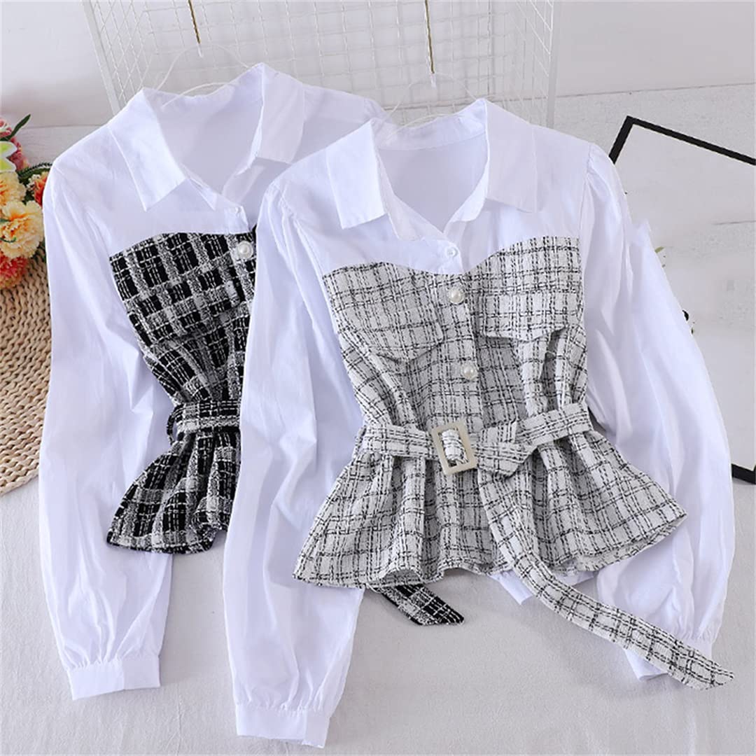 Women's Loose Fit Long Sleeve Plaid Shirt - Autumn Korean Style Stitched 2 Piece Blouse Top for Casual Wear & Office Outfits