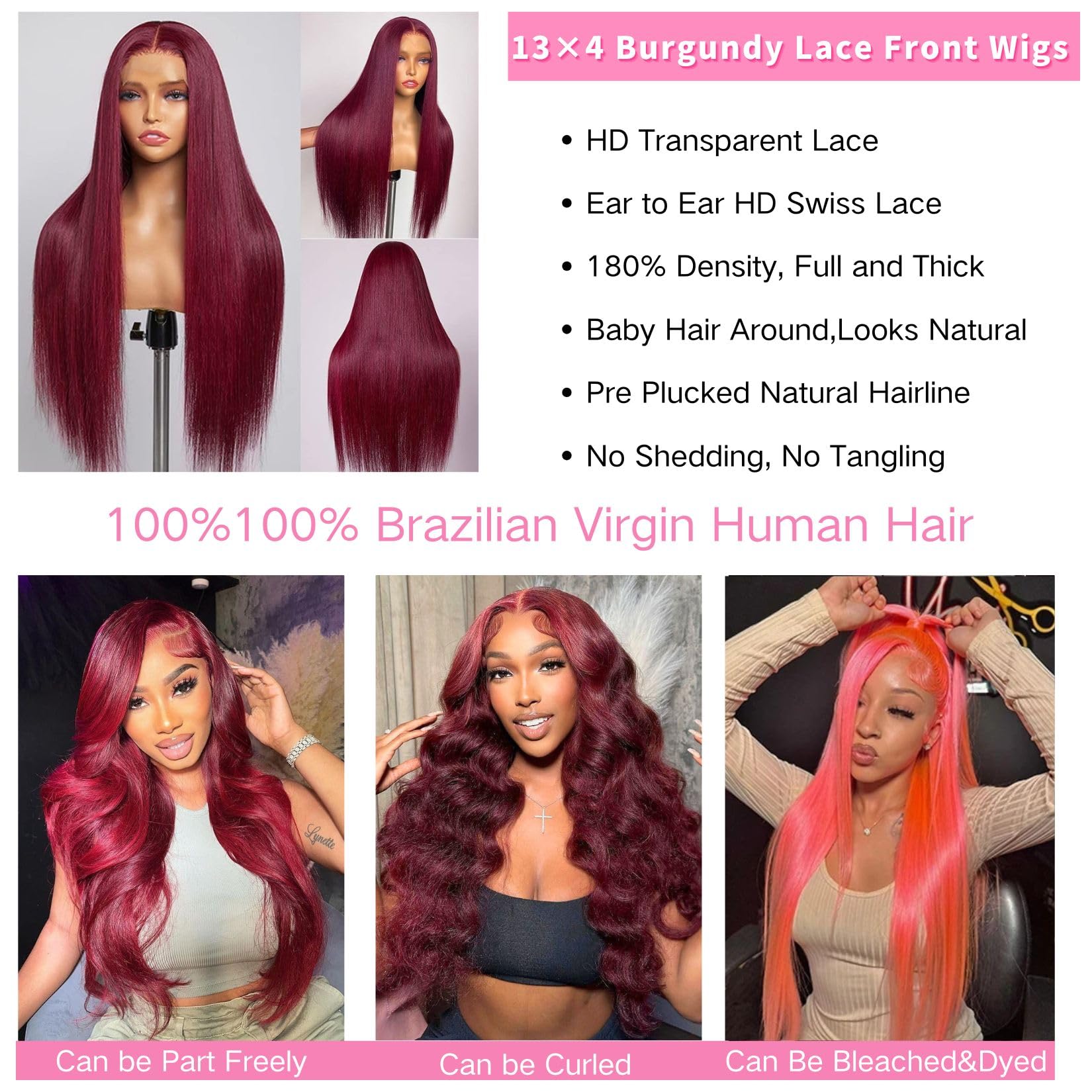 Serwell 99J Burgundy 30 Inch Human Hair Lace Front Wig - 180% Density Glueless Pre-Plucked Straight Lace Wig for Black Women | Natural Look for Daily Wear, Parties & Special Occasions