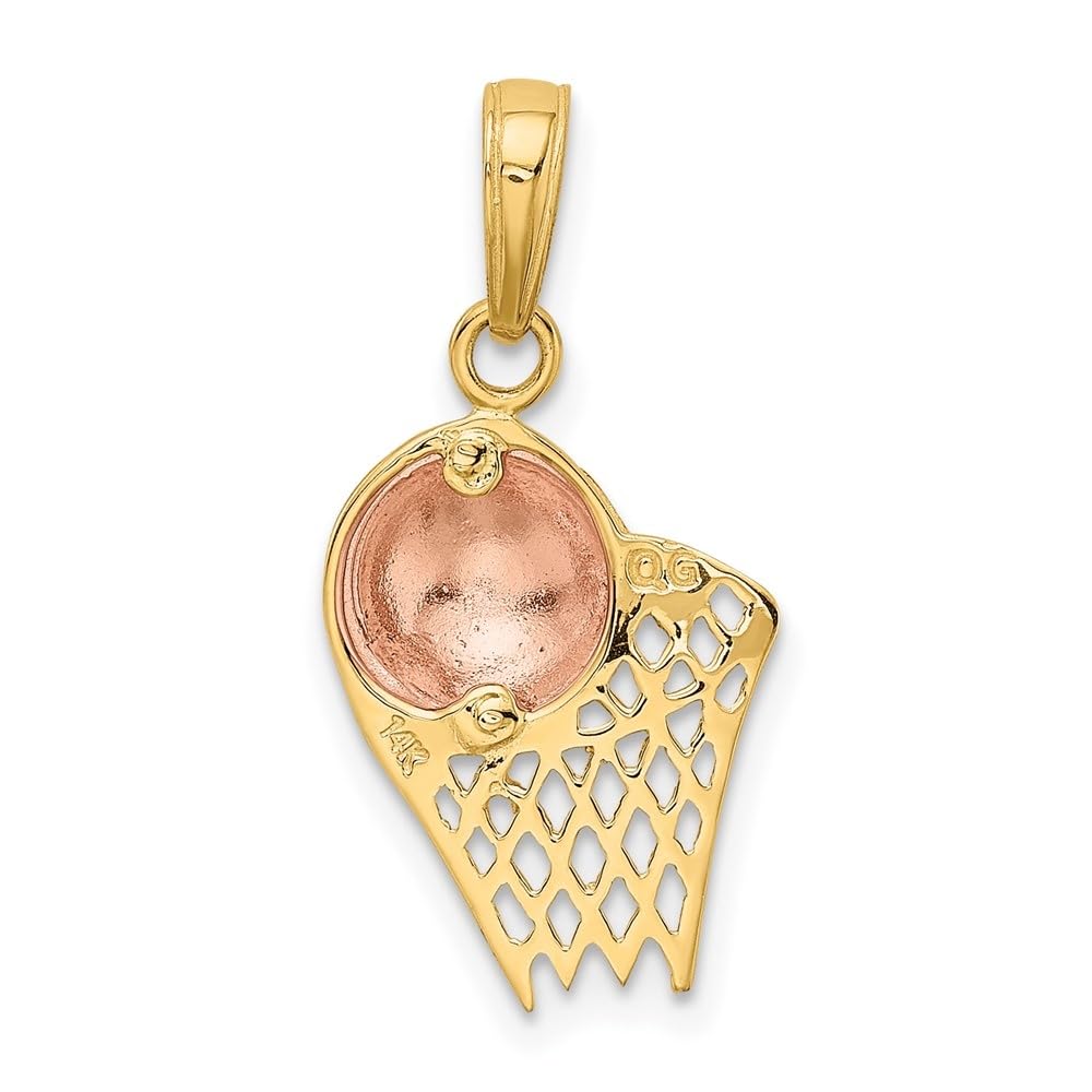 10K Two-Tone Gold Basketball Hoop Pendant with Ball Charm - 22mm Length, 11mm Width - Perfect for Sports Fans, Jewelry Lovers & Gift Giving