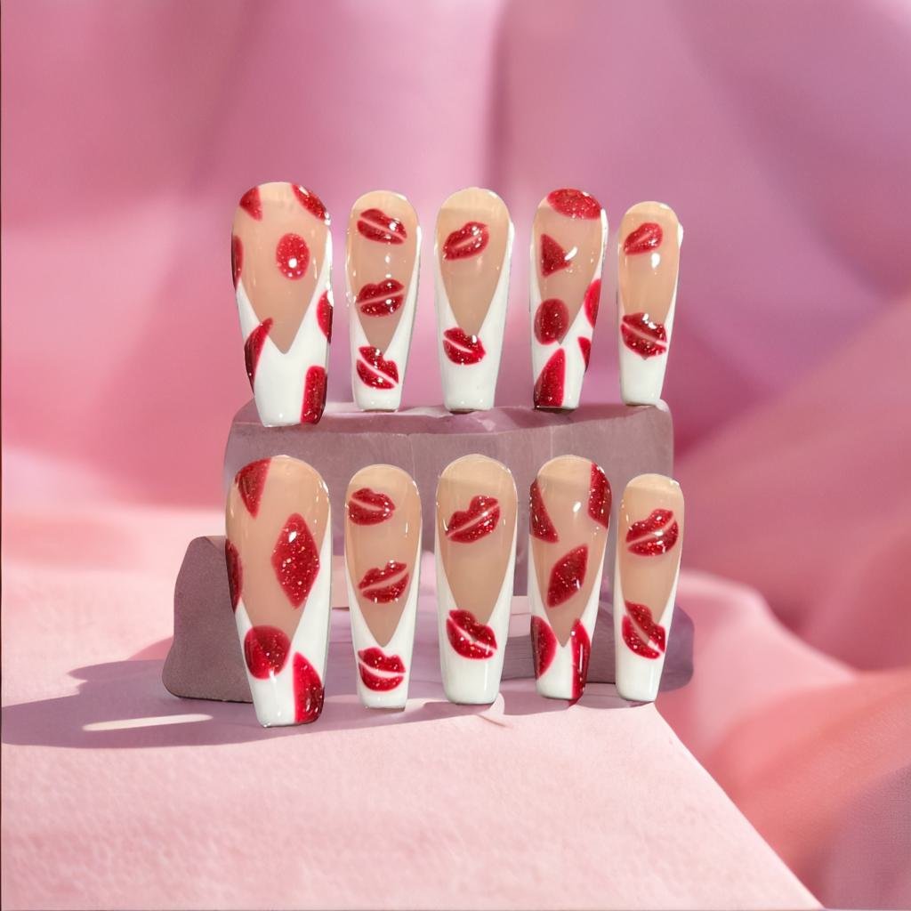 Fiery Passion Hand-Painted Press-On Nails | Long-Lasting Artificial Nails with Vibrant Designs | Perfect for Parties, Weddings & Special Occasions