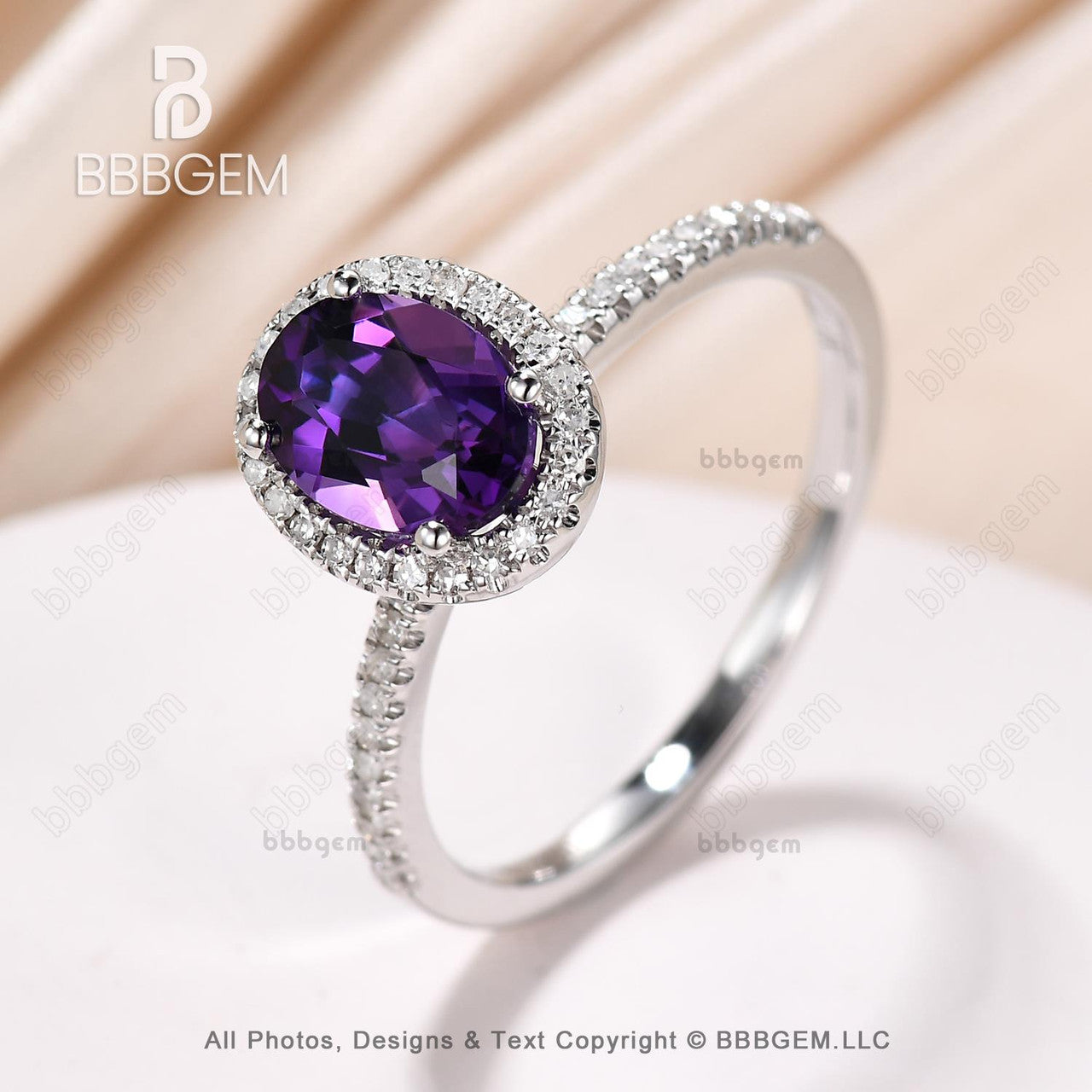 Vintage Oval Halo Moissanite & Natural Purple Amethyst Statement Ring - 14K White Gold Crystal Ring for Women - Perfect for Weddings, Anniversaries & Special Occasions