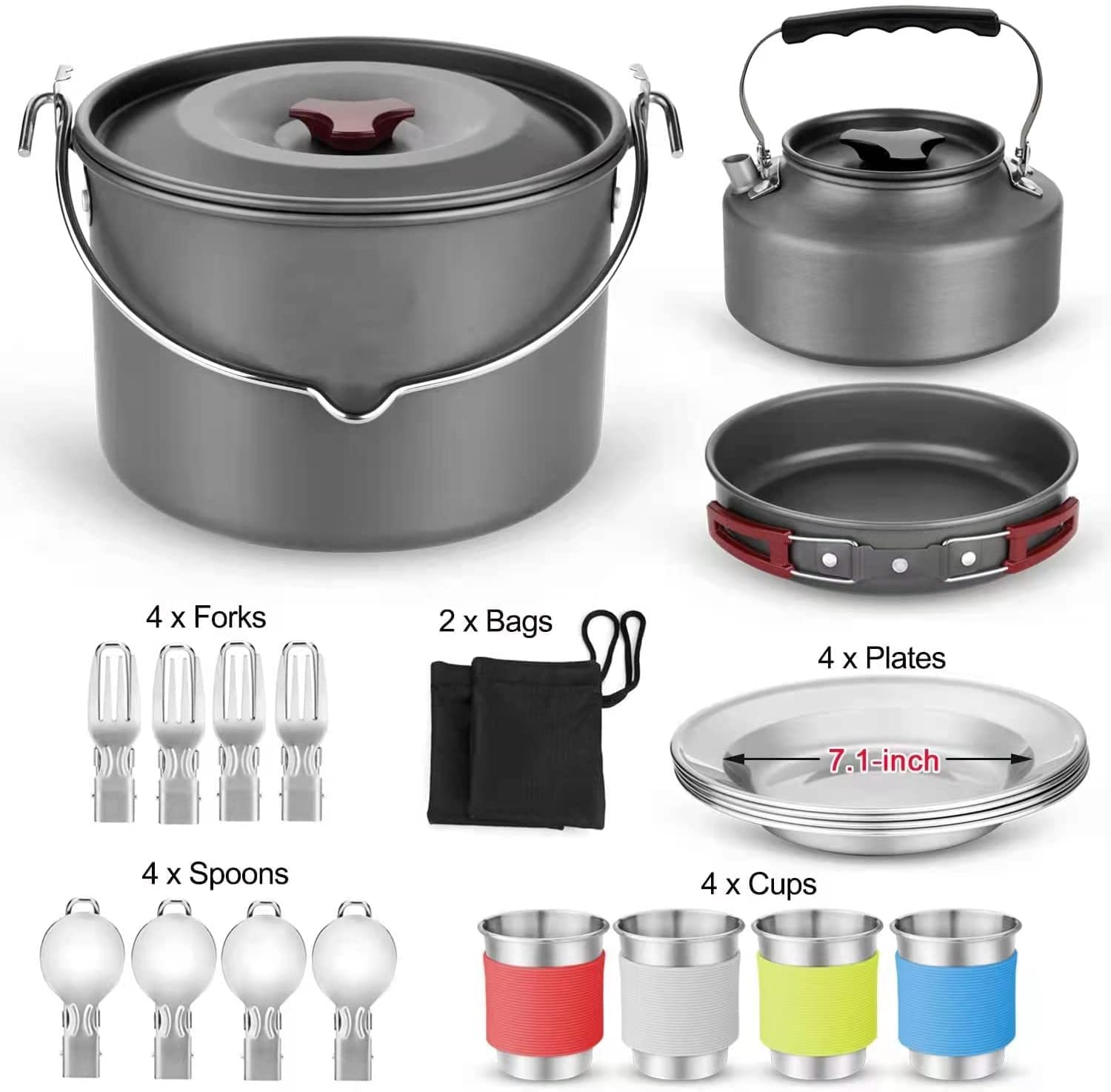 **Portable Camping Cookware Set for 3-4 People - Lightweight Pot, Pan, Mini Cups, Dishes, Forks & Spoons - Perfect for Outdoor Adventures, Hiking & Backpacking**