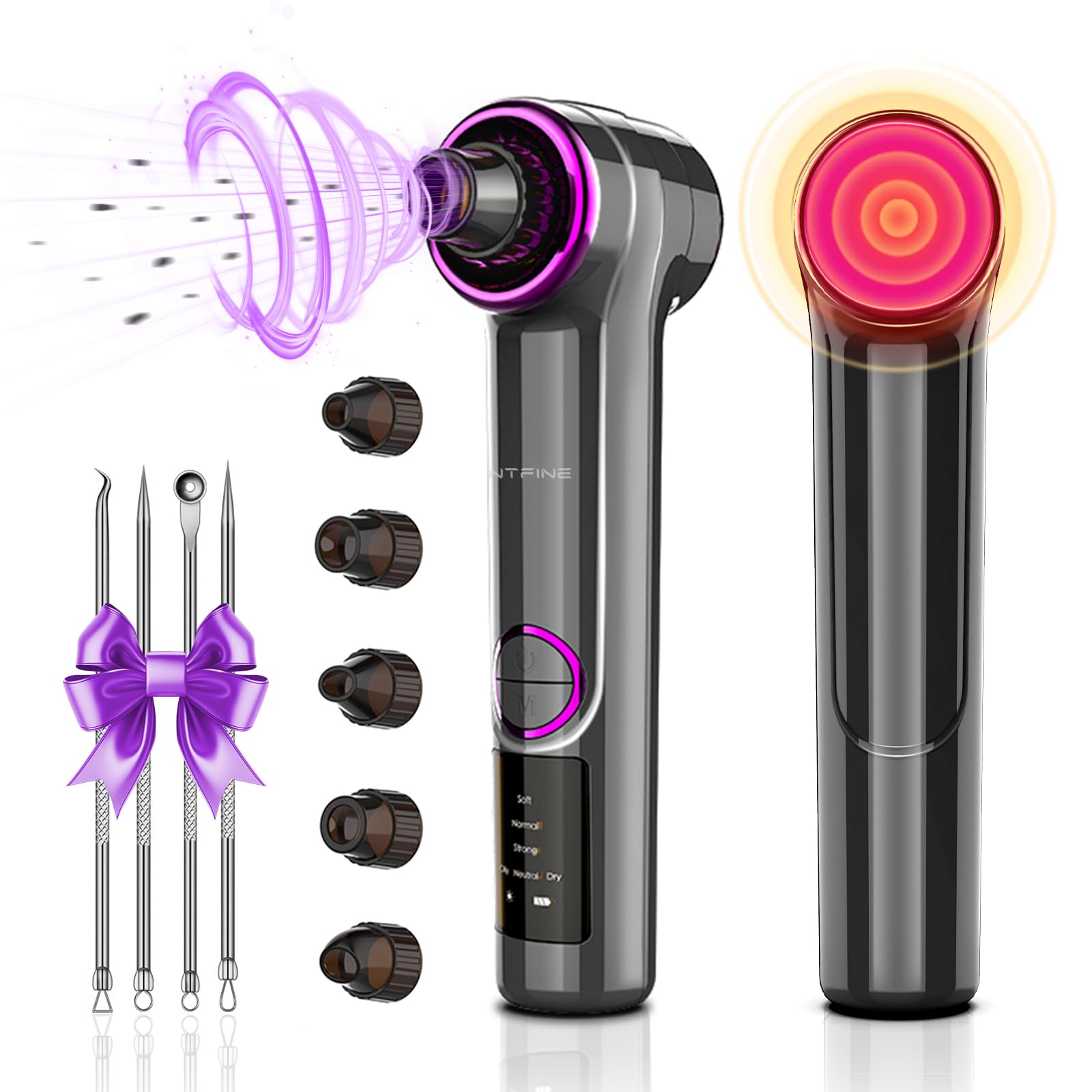 Blackhead Remover Vacuum - 2-in-1 Electric Facial Pore Cleaner with Heating Mode, 5 Attachments & 3 Suction Levels | Professional Comedone Extractor Kit for Deep Cleansing (Grey) | Perfect for At-Home Spa Days & Acne-Prone Skin Care