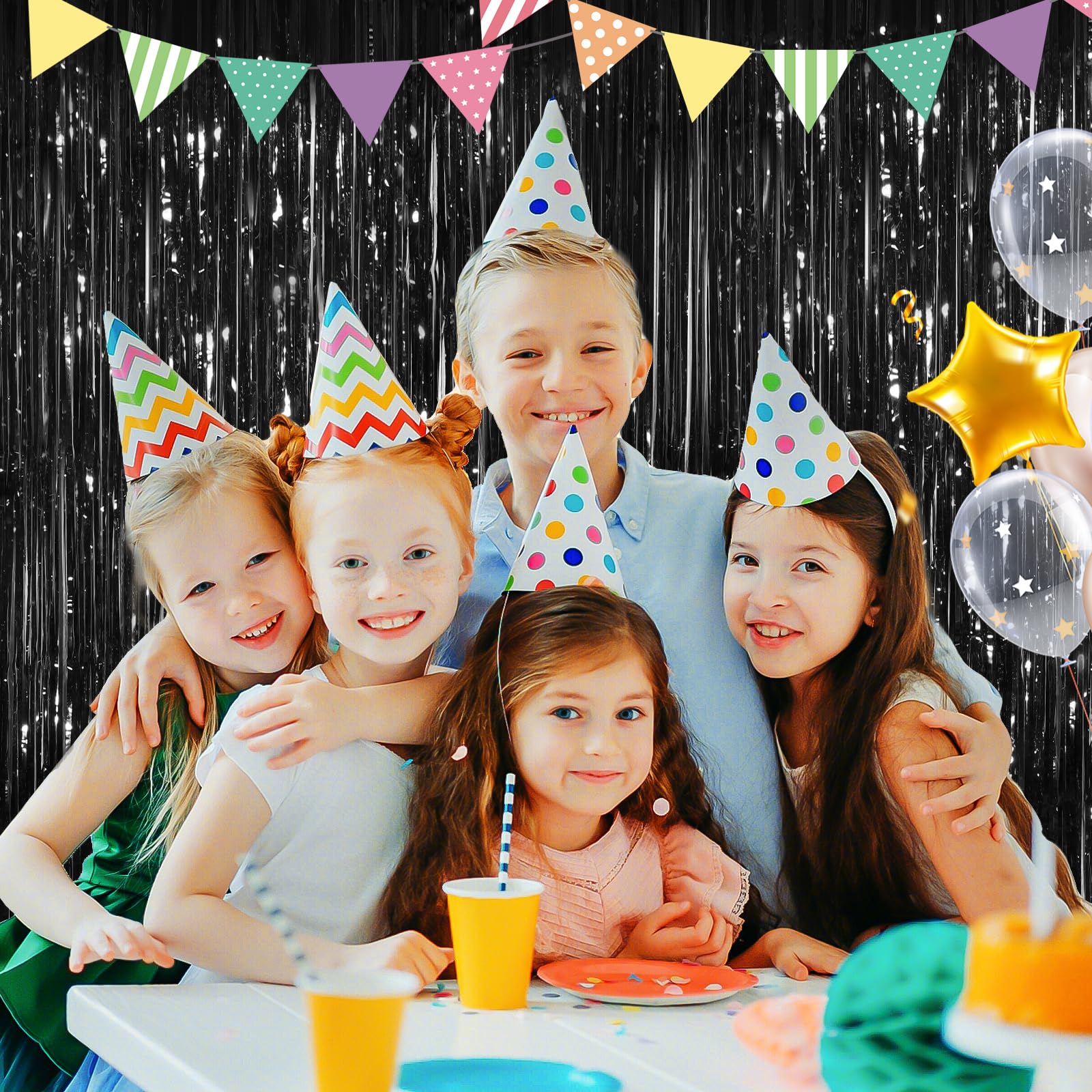 2 Pack Black Metallic Tinsel Foil Fringe Curtains - 3.3x8.3 Feet Party Streamers for Birthday, Christmas, New Year Decorations - Perfect for Doorways, Photo Backdrops & Event Decor