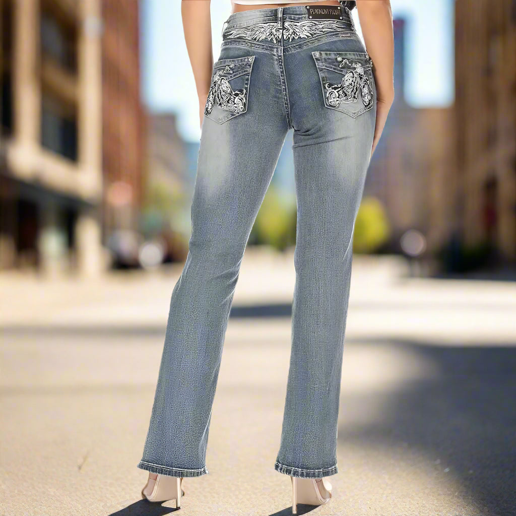 Platinum Plush Women's Rhinestone Embellished Bootcut Jeans for Motorcycle Riding | Stylish & Comfortable Riding Pants for Bikers & Fashion Enthusiasts