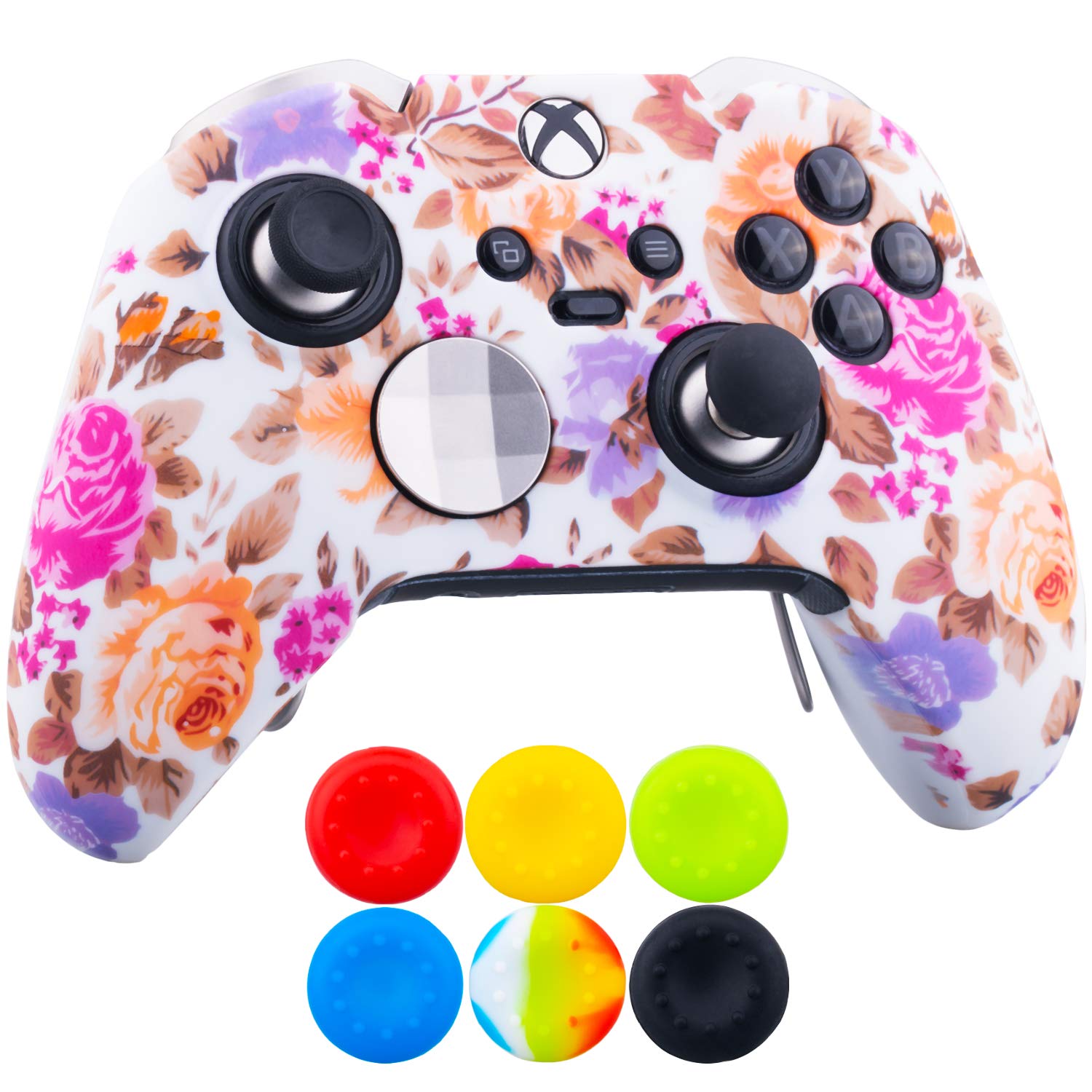 9CDeer Custom Silicone Skin Cover with Pink Floral Design & 6 Thumb Grips for Xbox Elite Wireless Controller - Compatible with Official Stereo Headset Adapter - Perfect for Gaming, Protection & Enhanced Grip During Long Play Sessions