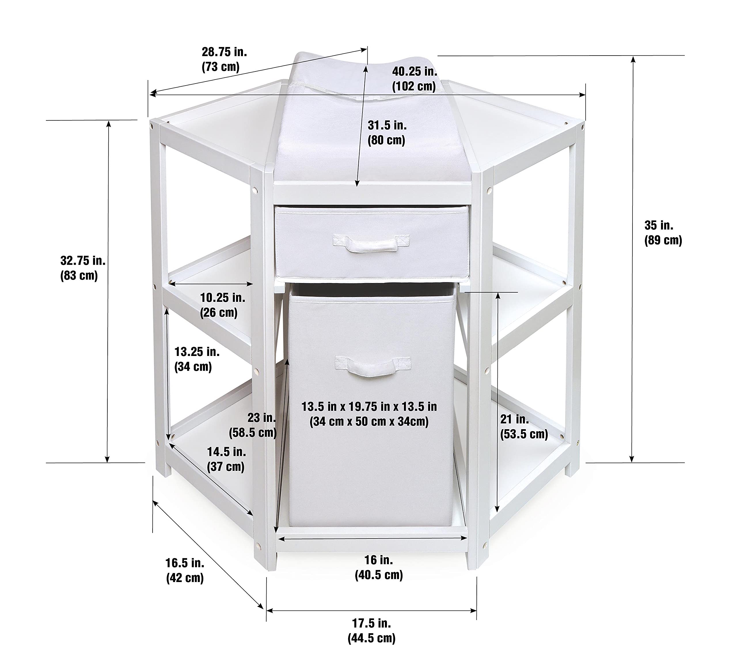 Badger Basket Diaper Corner Baby Changing Table - White Space-Saving Nursery Changing Station with Hamper, Storage Basket & Changing Pad - Perfect for Small Nurseries & Baby Rooms