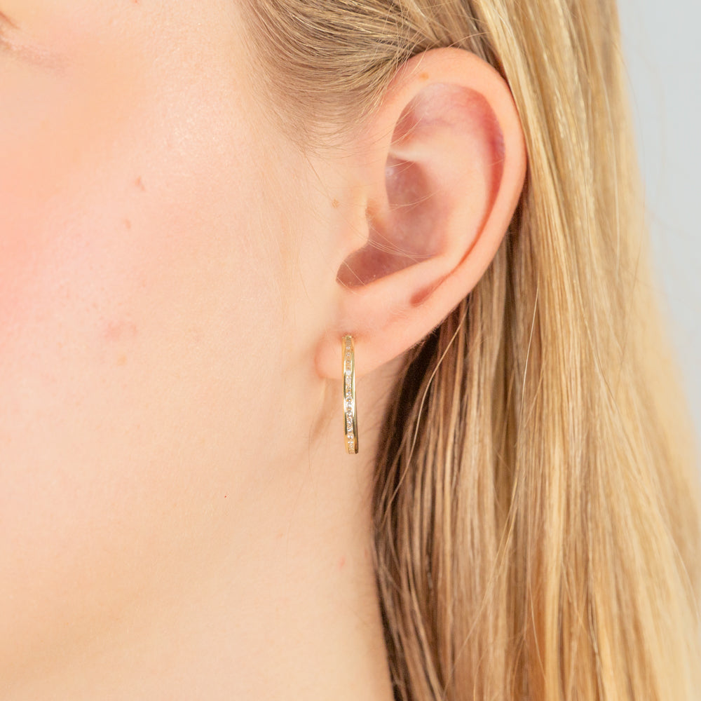 9ct Yellow Gold 15mm Cubic Zirconia Hoop Earrings for Women - Elegant CZ Studded Circle Earrings for Everyday Wear & Special Occasions