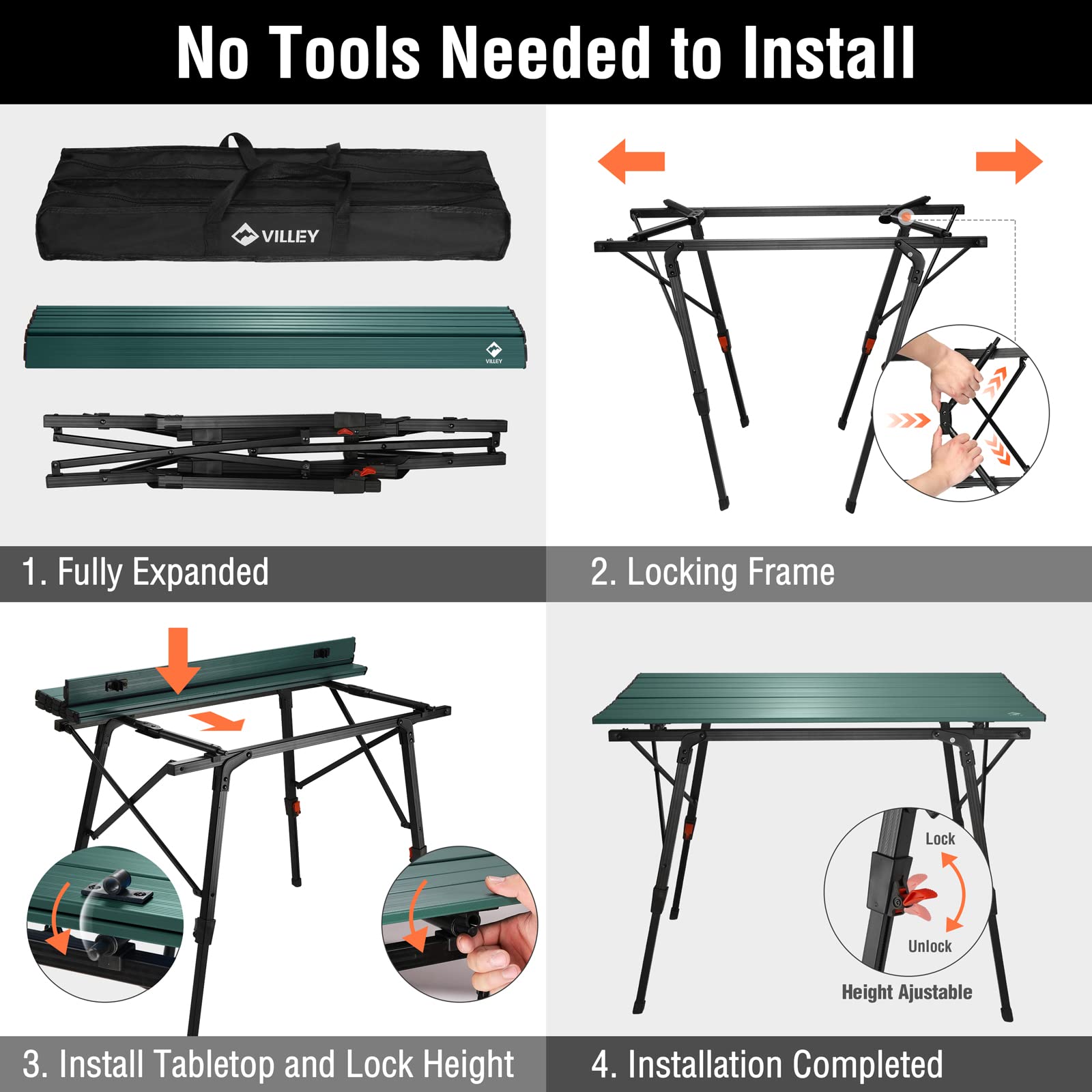 VILLEY Adjustable Height Portable Camping Table - Lightweight Aluminum Folding Table with Carrying Bag for Outdoor Cooking, Picnic, Beach, Backyard, BBQ & Party - Perfect for Camping Trips, Tailgating and Beach Outings