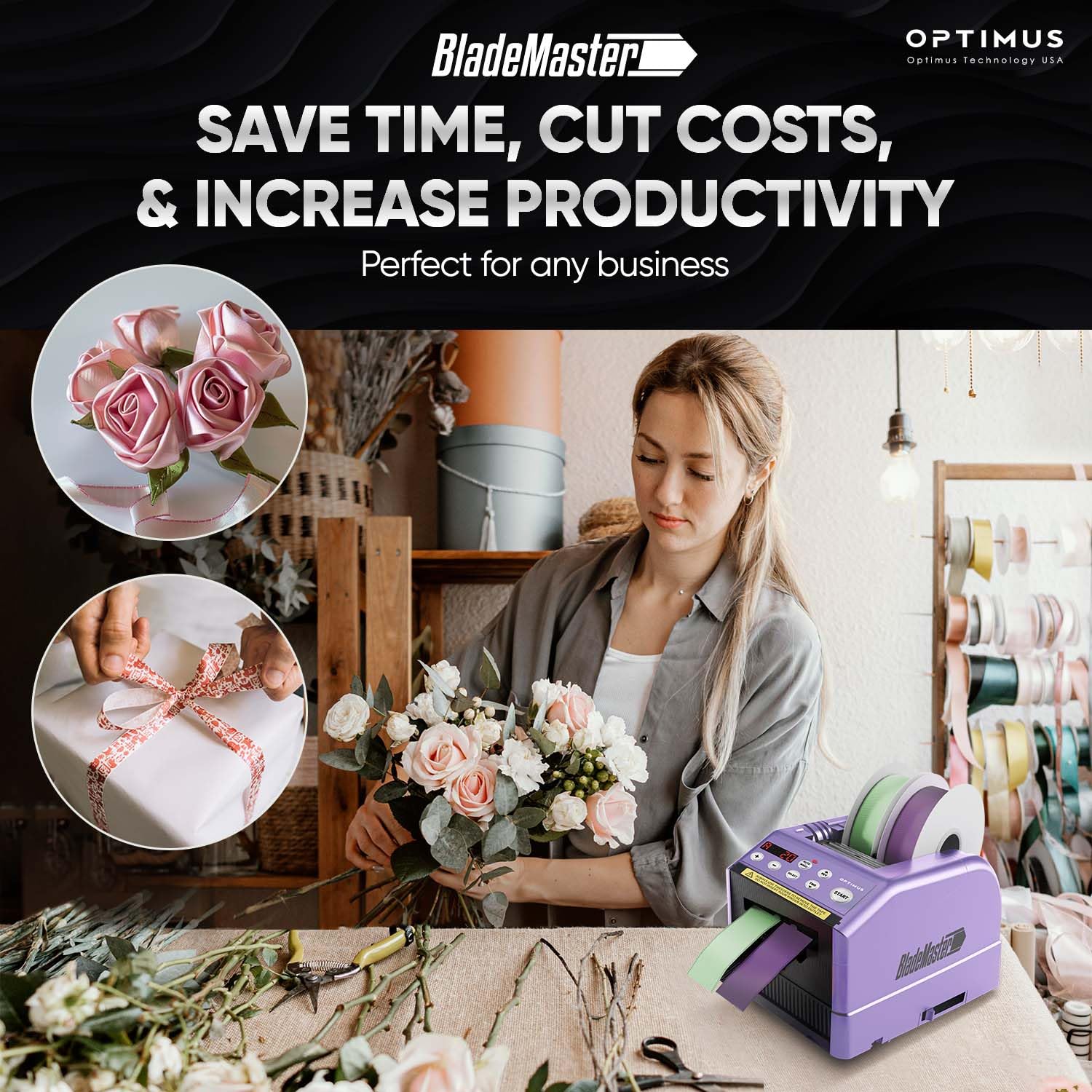 BladeMaster PRO Automatic Ribbon Cutting Machine - Smart Commercial Grade Auto Tape Dispenser & Cutter (2024 Upgraded) - Perfect for Gift Wrapping, Packaging, and Crafting - USA Made (Purple)