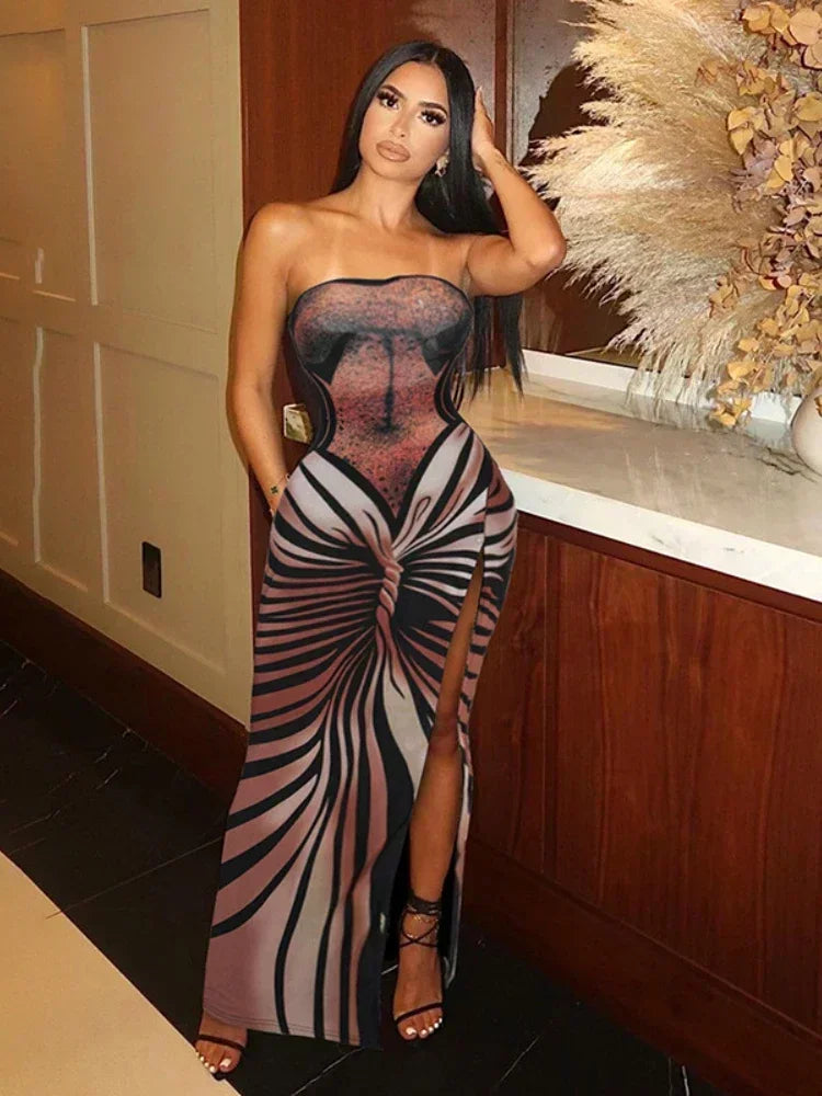 3D Printed High Split Long Dresses for Women - Sexy Party & Night Club Outfits | 2024 Fashion Tube Dress | Perfect for Evening Events, Date Nights & Club Wear (Style C85 BH21)